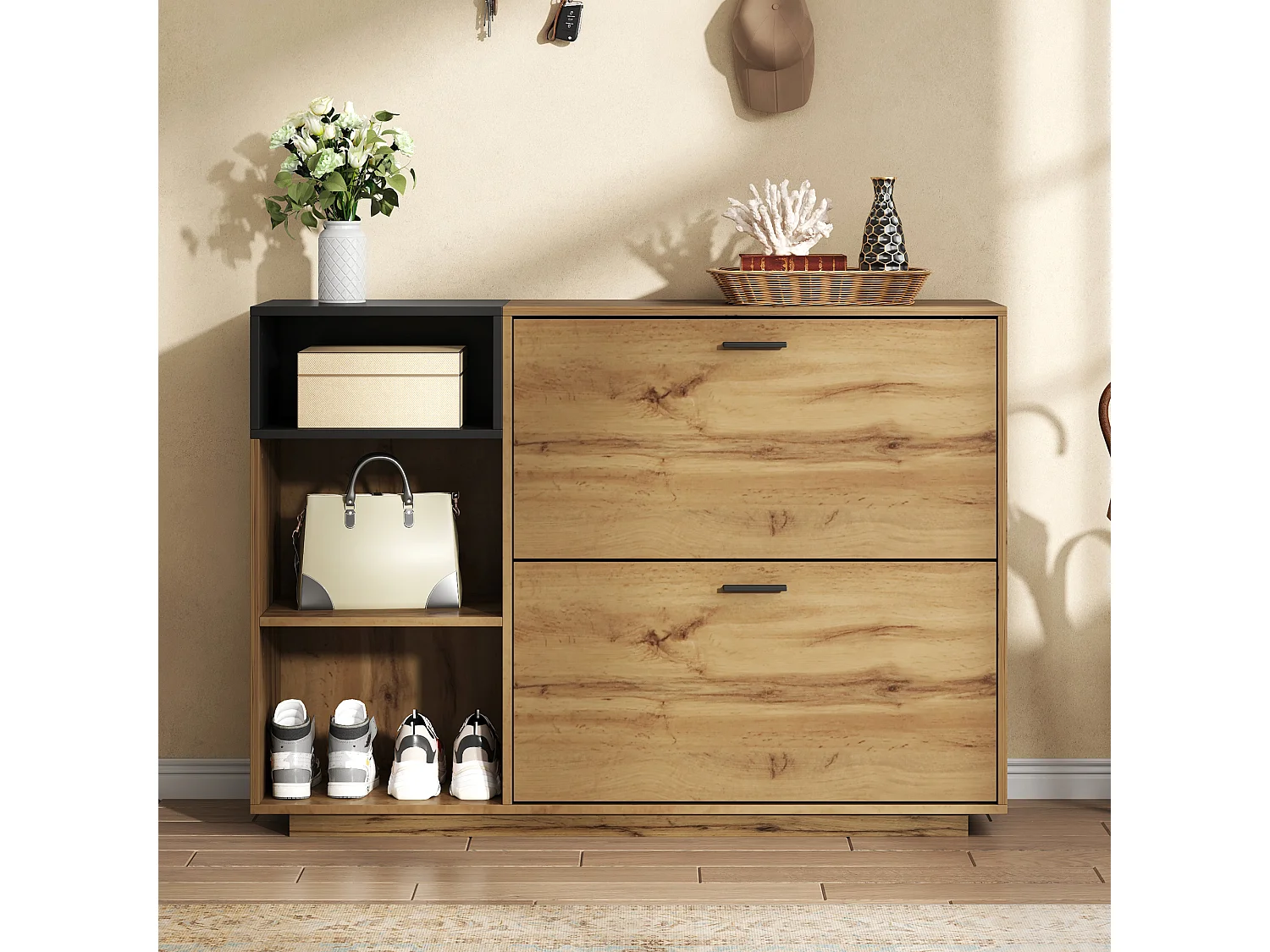 Schuhschrank 120x32x84,5 cm - 2 Klapptüren und 3 offene Regale - Holzoptik - MDF - Natur + Schwarz