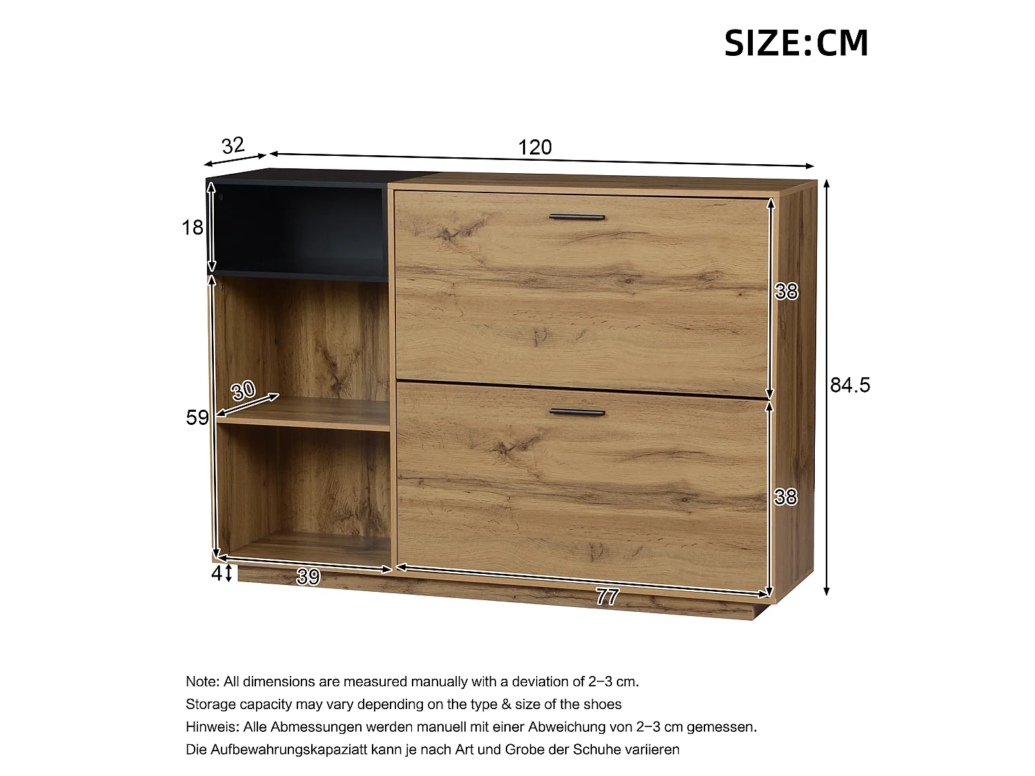 Schuhschrank 120x32x84,5 cm - 2 Klapptüren und 3 offene Regale - Holzoptik - MDF - Natur + Schwarz