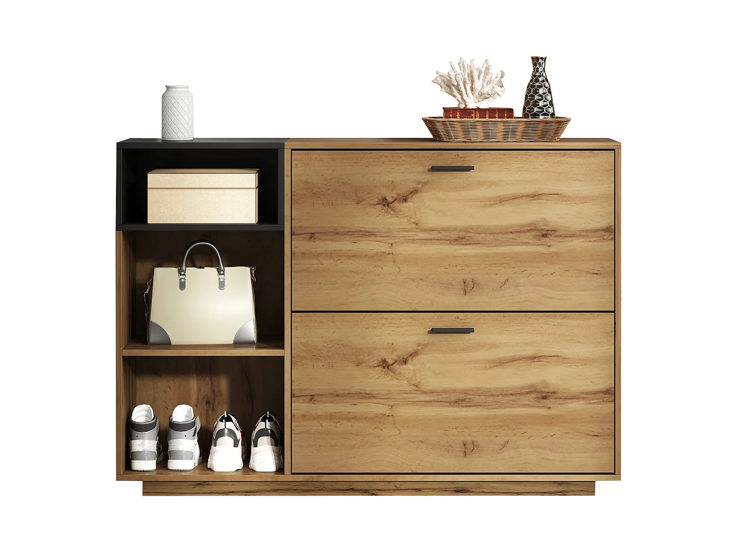 Schuhschrank 120x32x84,5 cm - 2 Klapptüren und 3 offene Regale - Holzoptik - MDF - Natur + Schwarz