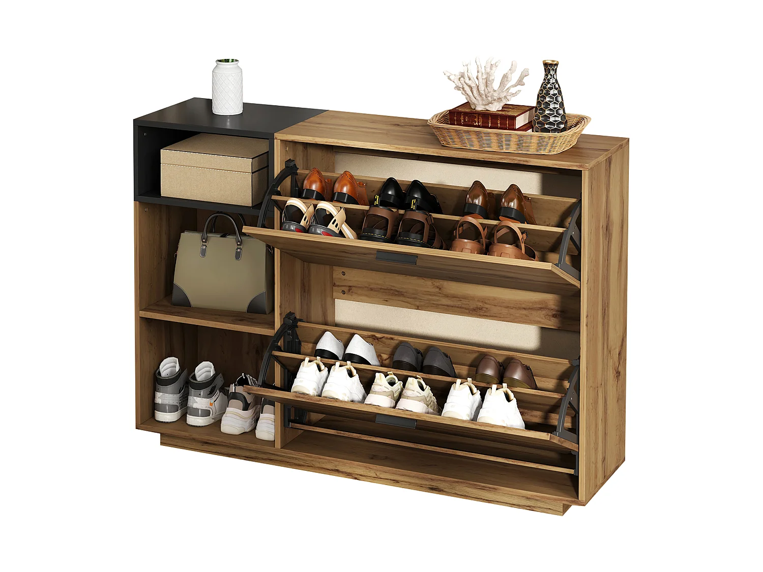 Schuhschrank 120x32x84,5 cm - 2 Klapptüren und 3 offene Regale - Holzoptik - MDF - Natur + Schwarz