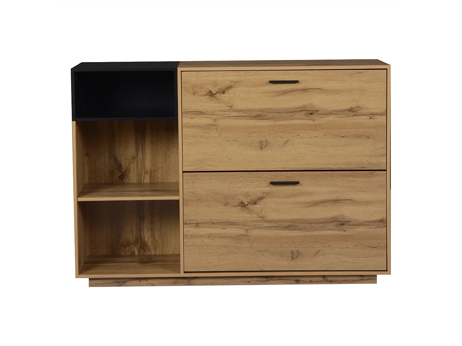 Schuhschrank 120x32x84,5 cm - 2 Klapptüren und 3 offene Regale - Holzoptik - MDF - Natur + Schwarz