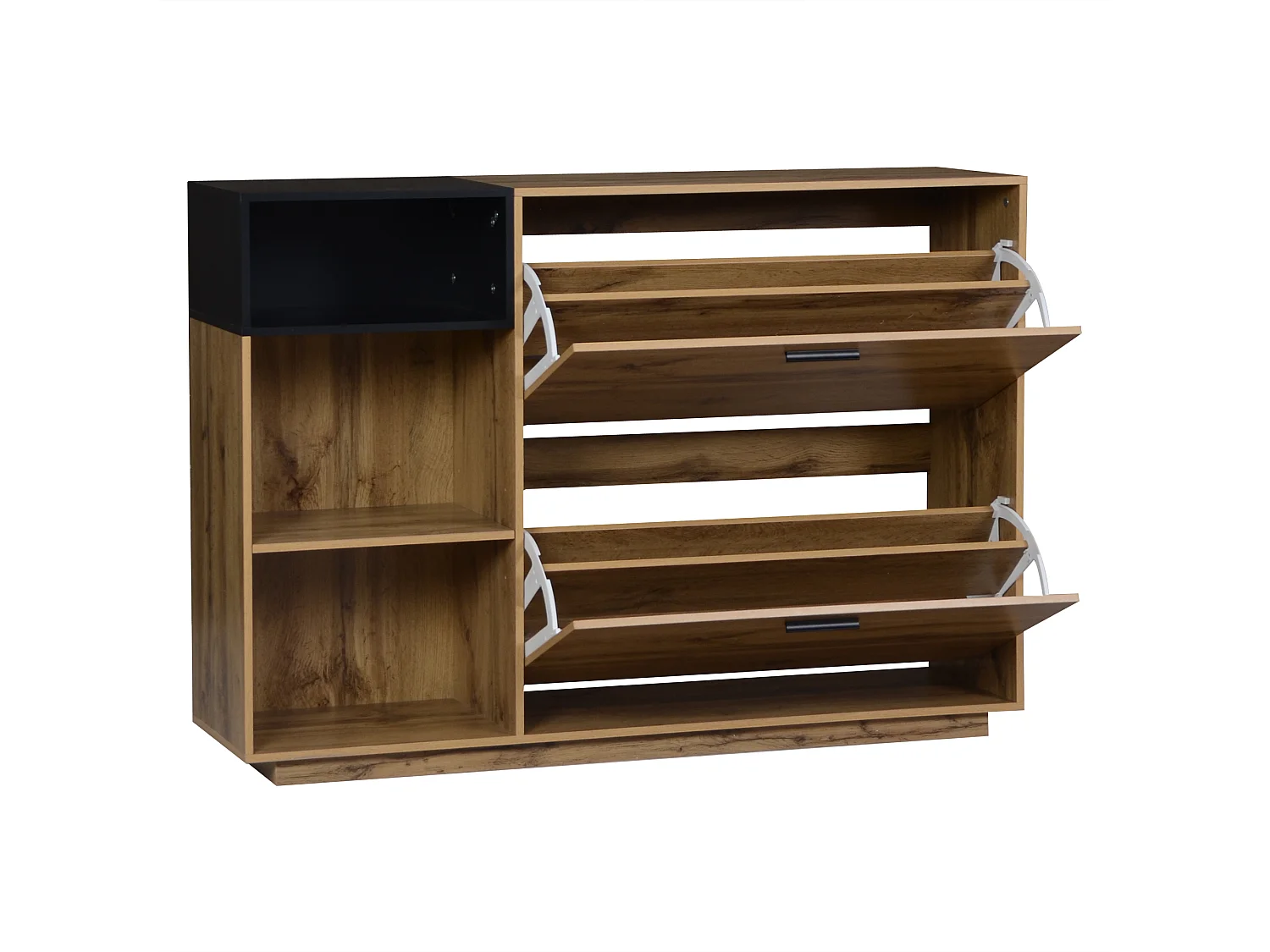 Schuhschrank 120x32x84,5 cm - 2 Klapptüren und 3 offene Regale - Holzoptik - MDF - Natur + Schwarz