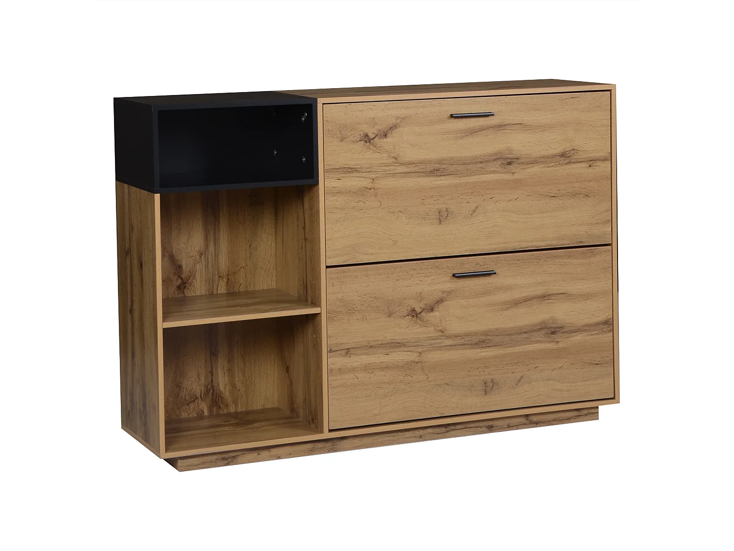 Schuhschrank 120x32x84,5 cm - 2 Klapptüren und 3 offene Regale - Holzoptik - MDF - Natur + Schwarz