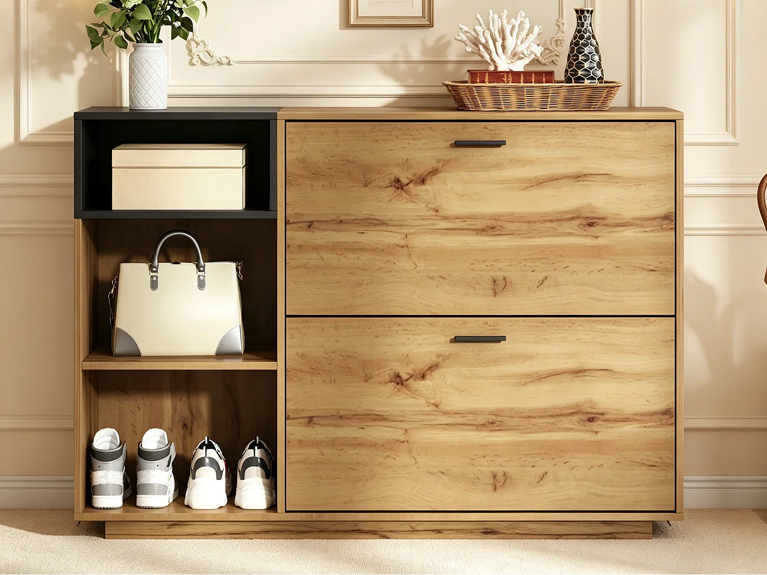 Schuhschrank 120x32x84,5 cm - 2 Klapptüren und 3 offene Regale - Holzoptik - MDF - Natur + Schwarz