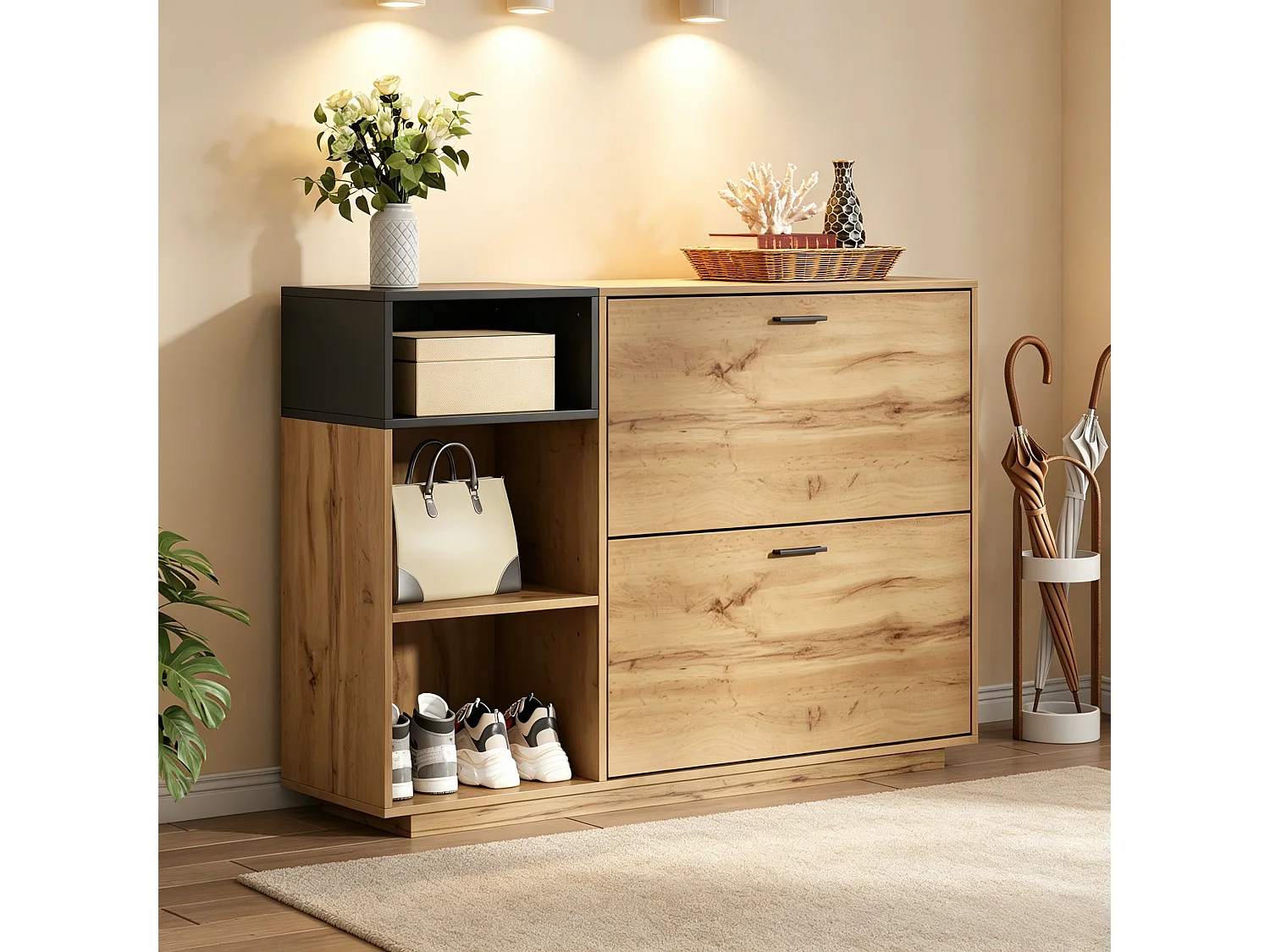 Schuhschrank 120x32x84,5 cm - 2 Klapptüren und 3 offene Regale - Holzoptik - MDF - Natur + Schwarz