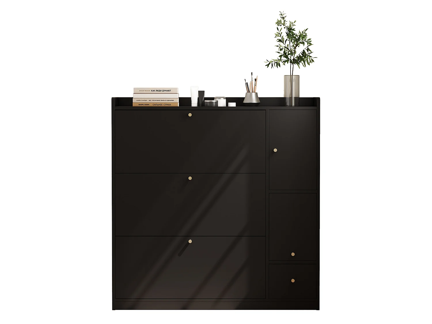 Meuble à chaussures avec 4 portes , banc rabattable - Noir 119 x 24 x 122 cm