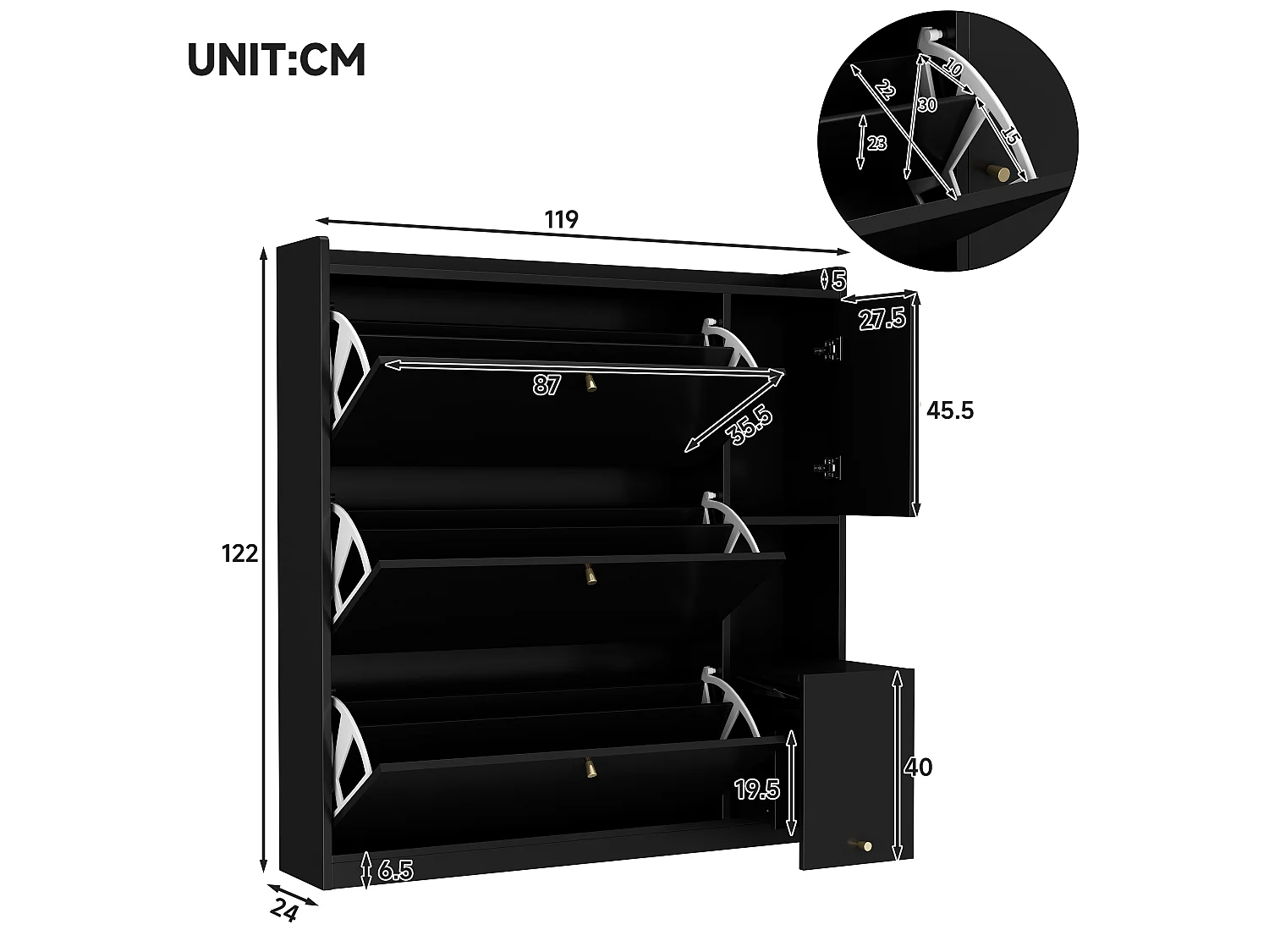 Meuble à chaussures avec 4 portes , banc rabattable - Noir 119 x 24 x 122 cm