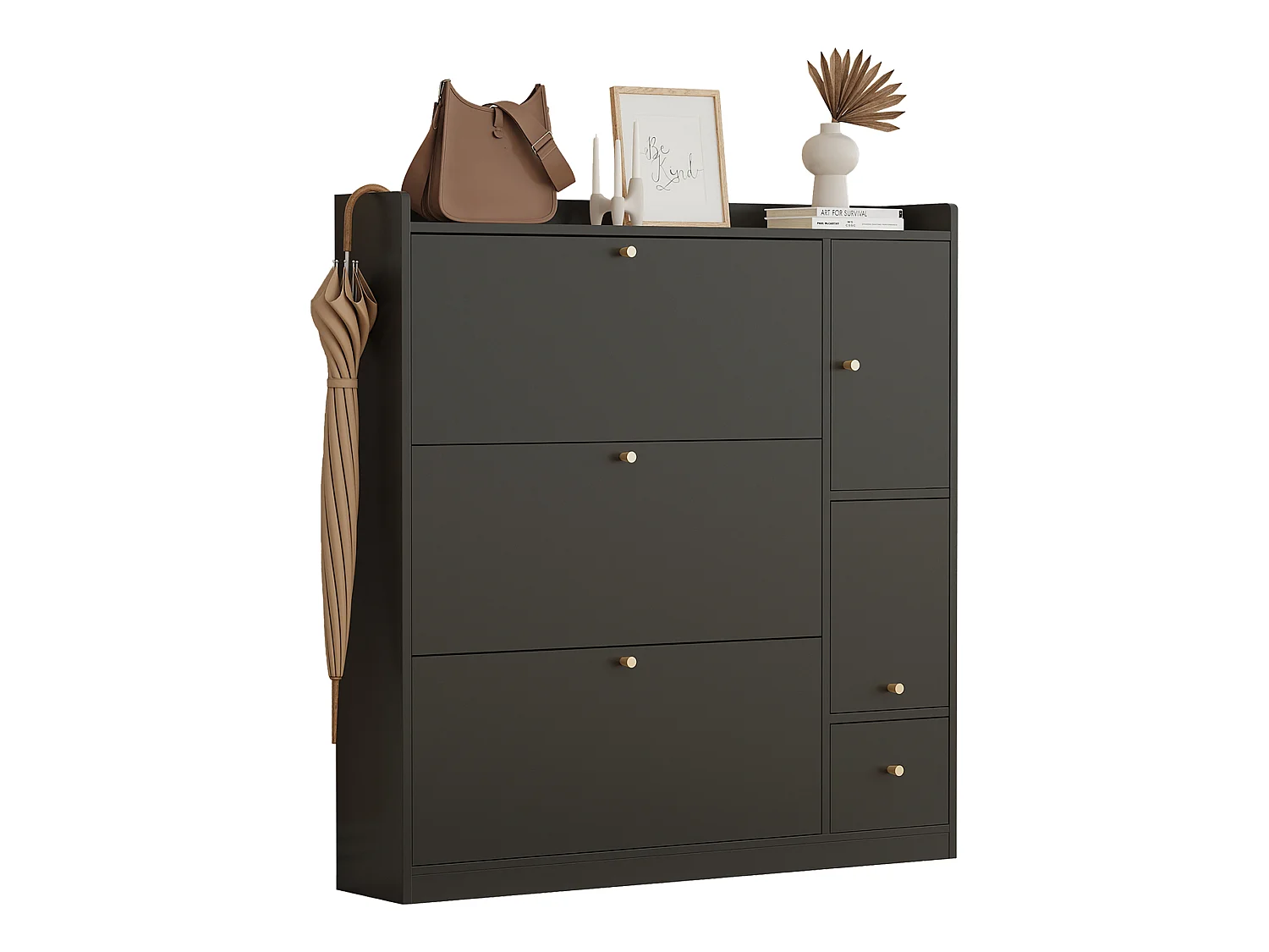 Meuble à chaussures avec 4 portes , banc rabattable - Noir 119 x 24 x 122 cm