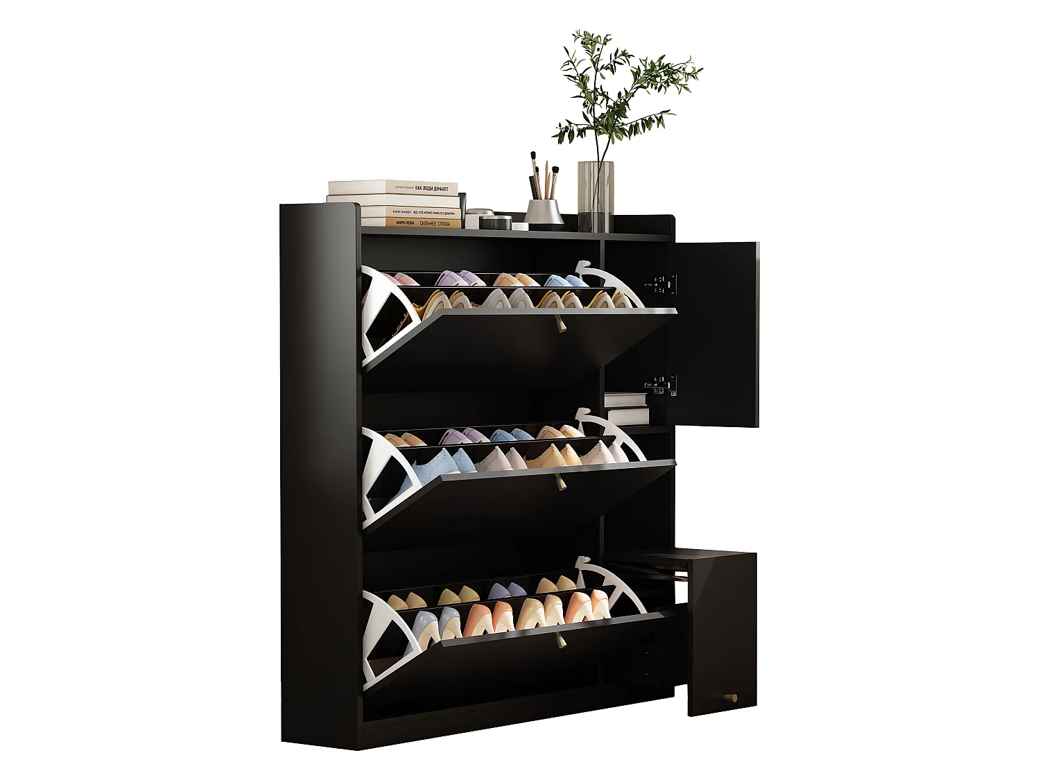 Meuble à chaussures avec 4 portes , banc rabattable - Noir 119 x 24 x 122 cm