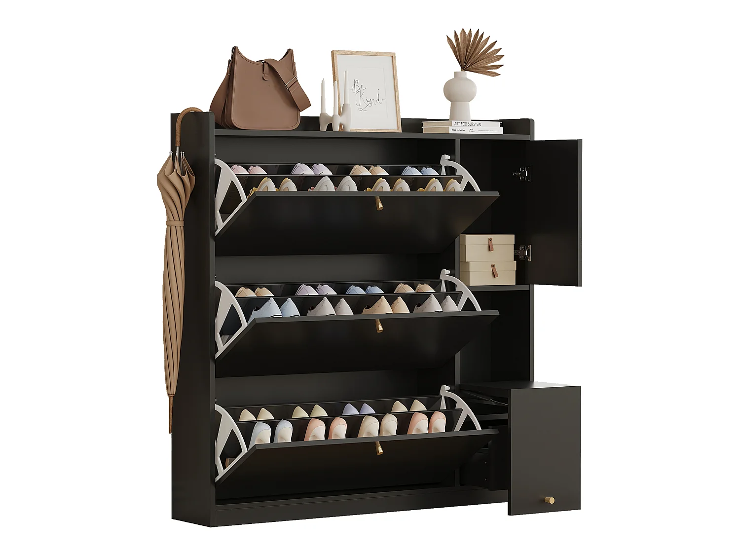 Meuble à chaussures avec 4 portes , banc rabattable - Noir 119 x 24 x 122 cm