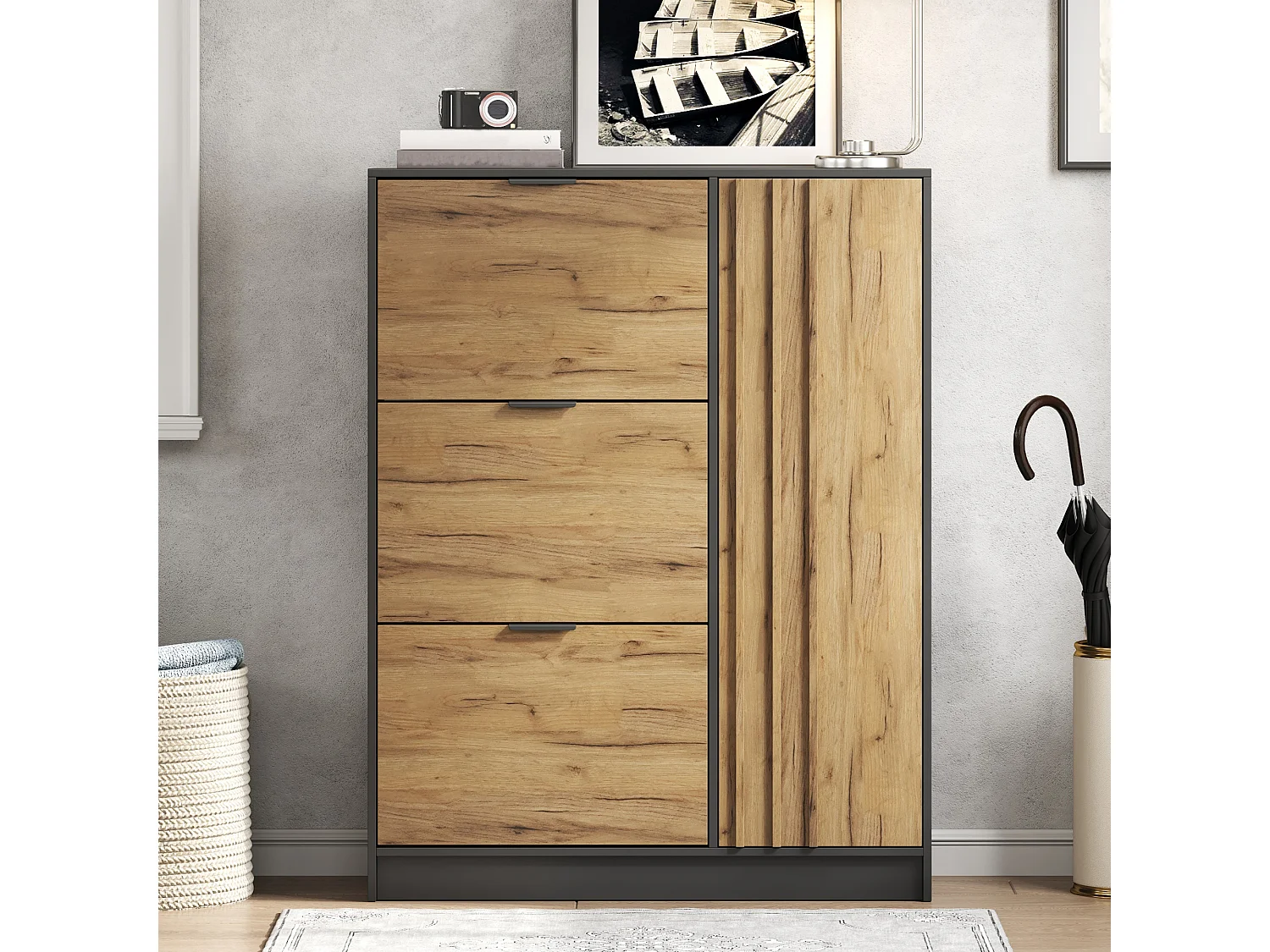 Moderner Schuhschrank 100x30x130 cm - mit 3 Klappfächern und 1 Tür - MDF - Naturfarbe