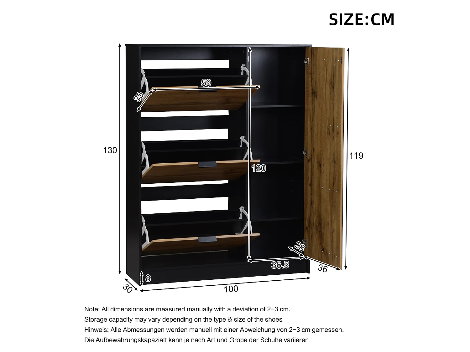 Moderner Schuhschrank 100x30x130 cm - mit 3 Klappfächern und 1 Tür - MDF - Naturfarbe