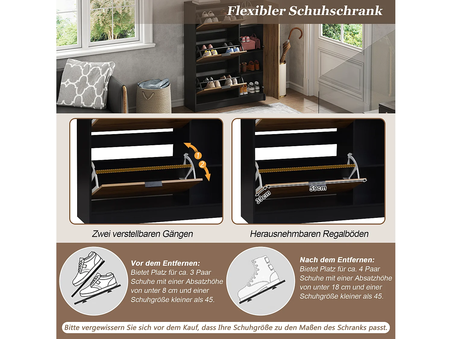 Moderner Schuhschrank 100x30x130 cm - mit 3 Klappfächern und 1 Tür - MDF - Naturfarbe
