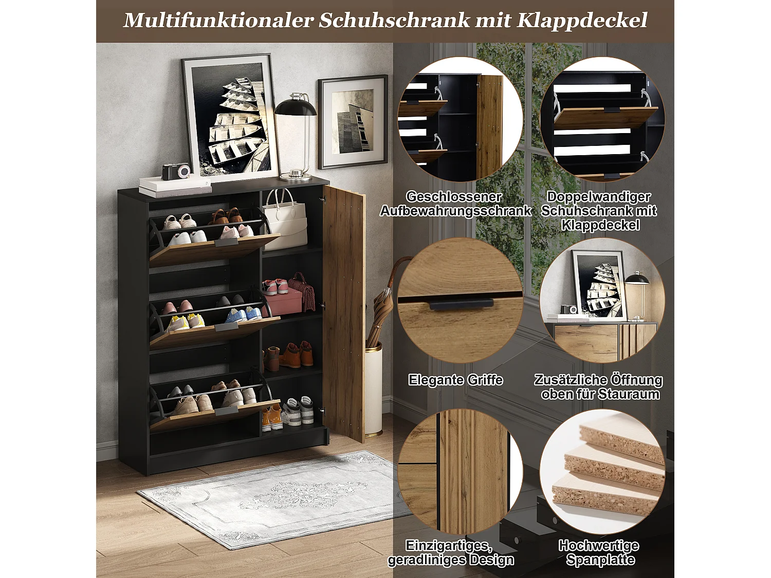 Moderner Schuhschrank 100x30x130 cm - mit 3 Klappfächern und 1 Tür - MDF - Naturfarbe