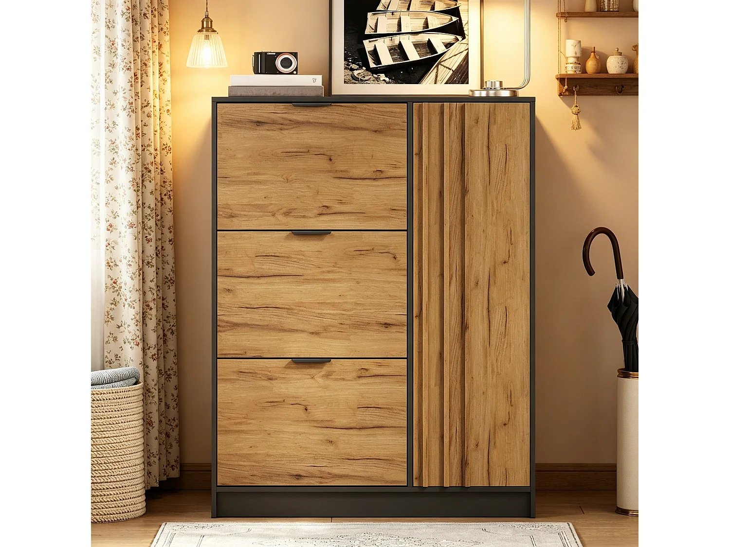 Moderner Schuhschrank 100x30x130 cm - mit 3 Klappfächern und 1 Tür - MDF - Naturfarbe