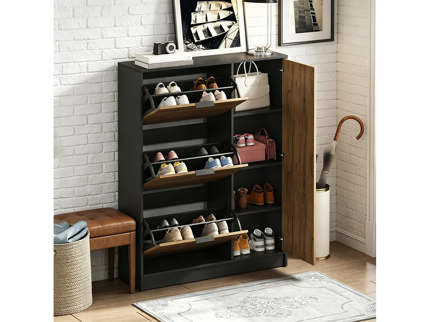 Moderner Schuhschrank 100x30x130 cm - mit 3 Klappfächern und 1 Tür - MDF - Naturfarbe