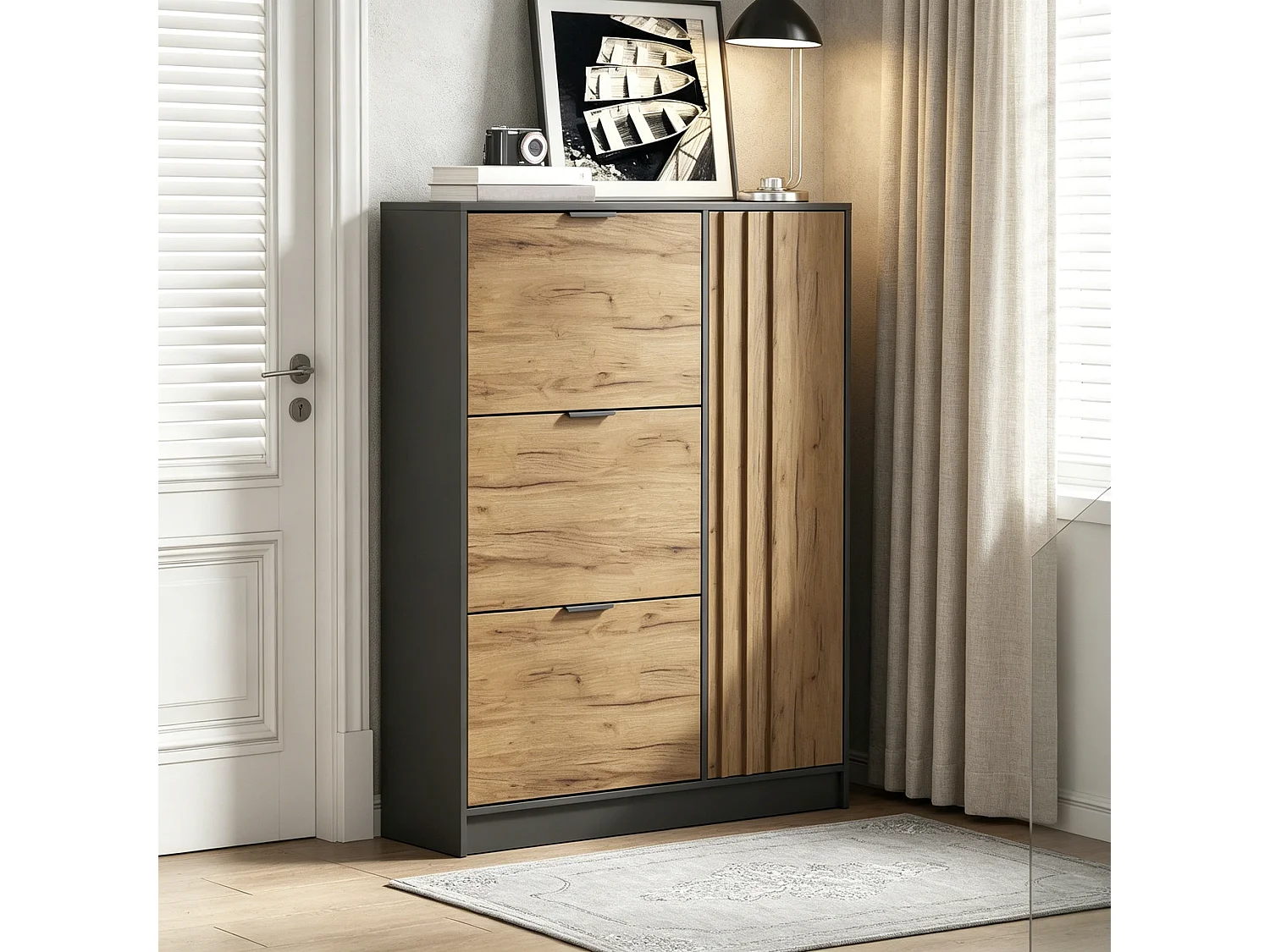 Moderner Schuhschrank 100x30x130 cm - mit 3 Klappfächern und 1 Tür - MDF - Naturfarbe