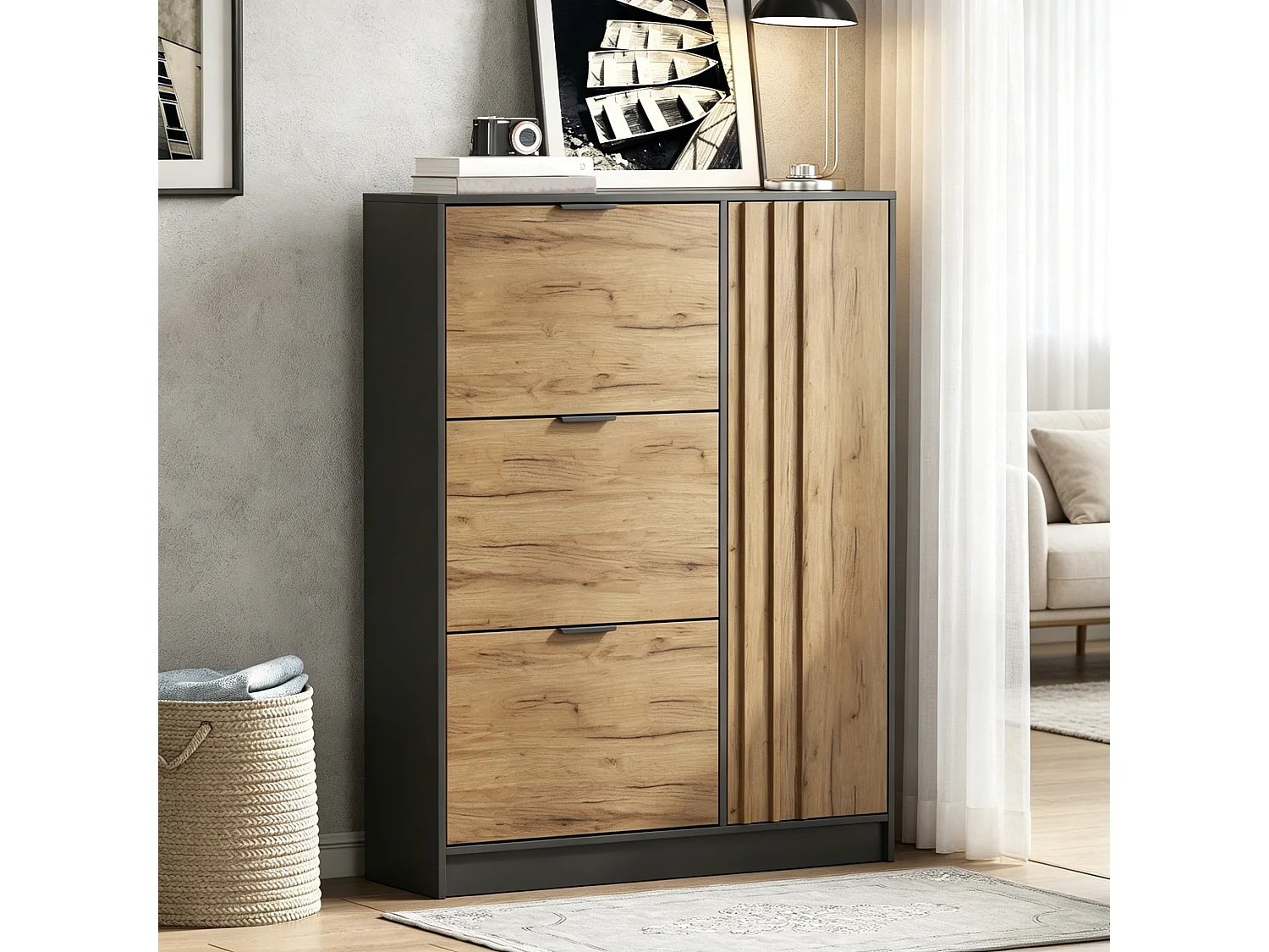 Moderner Schuhschrank 100x30x130 cm - mit 3 Klappfächern und 1 Tür - MDF - Naturfarbe