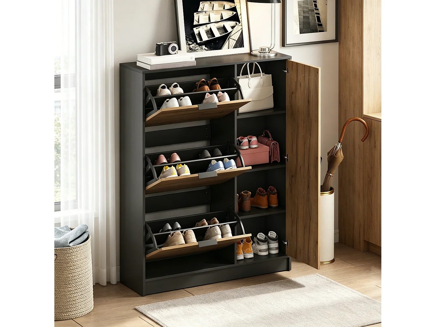Moderner Schuhschrank 100x30x130 cm - mit 3 Klappfächern und 1 Tür - MDF - Naturfarbe