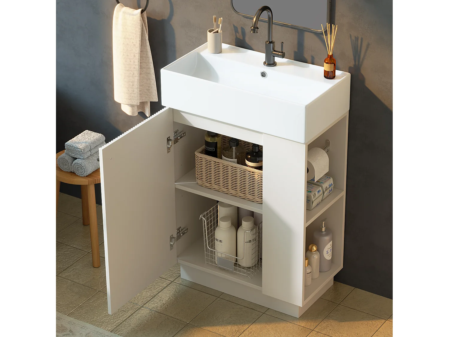 Meuble Vasque Salle de Bains 55cm sur Pied avec Vasque Céramique, Meuble Sous-Vasque à Porte Striée Ondulée - Blanc(Sans Robinet)