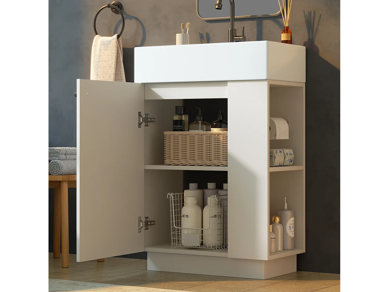 Meuble Vasque Salle de Bains 55cm sur Pied avec Vasque Céramique, Meuble Sous-Vasque à Porte Striée Ondulée - Blanc(Sans Robinet)