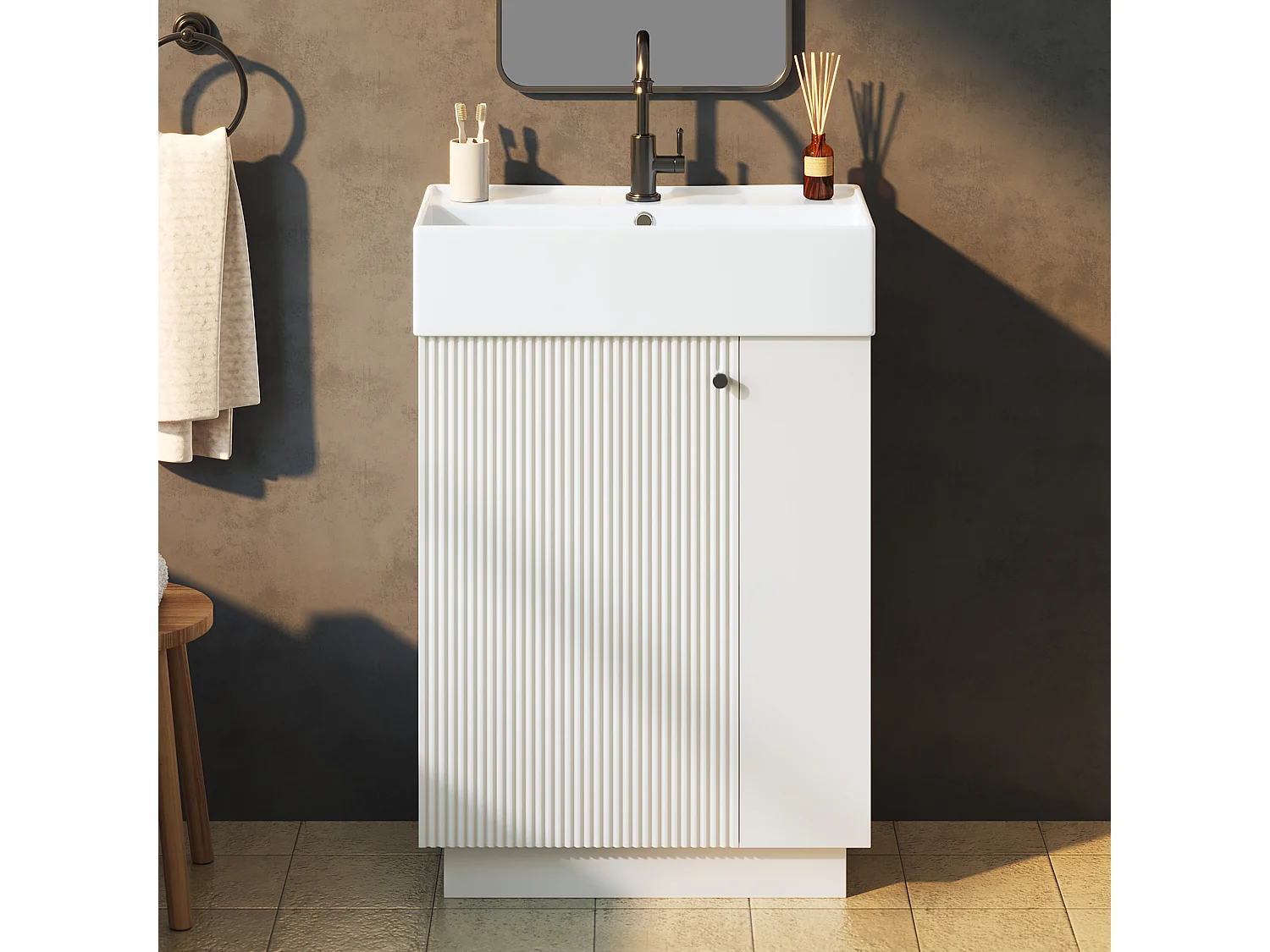 Meuble Vasque Salle de Bains 55cm sur Pied avec Vasque Céramique, Meuble Sous-Vasque à Porte Striée Ondulée - Blanc(Sans Robinet)