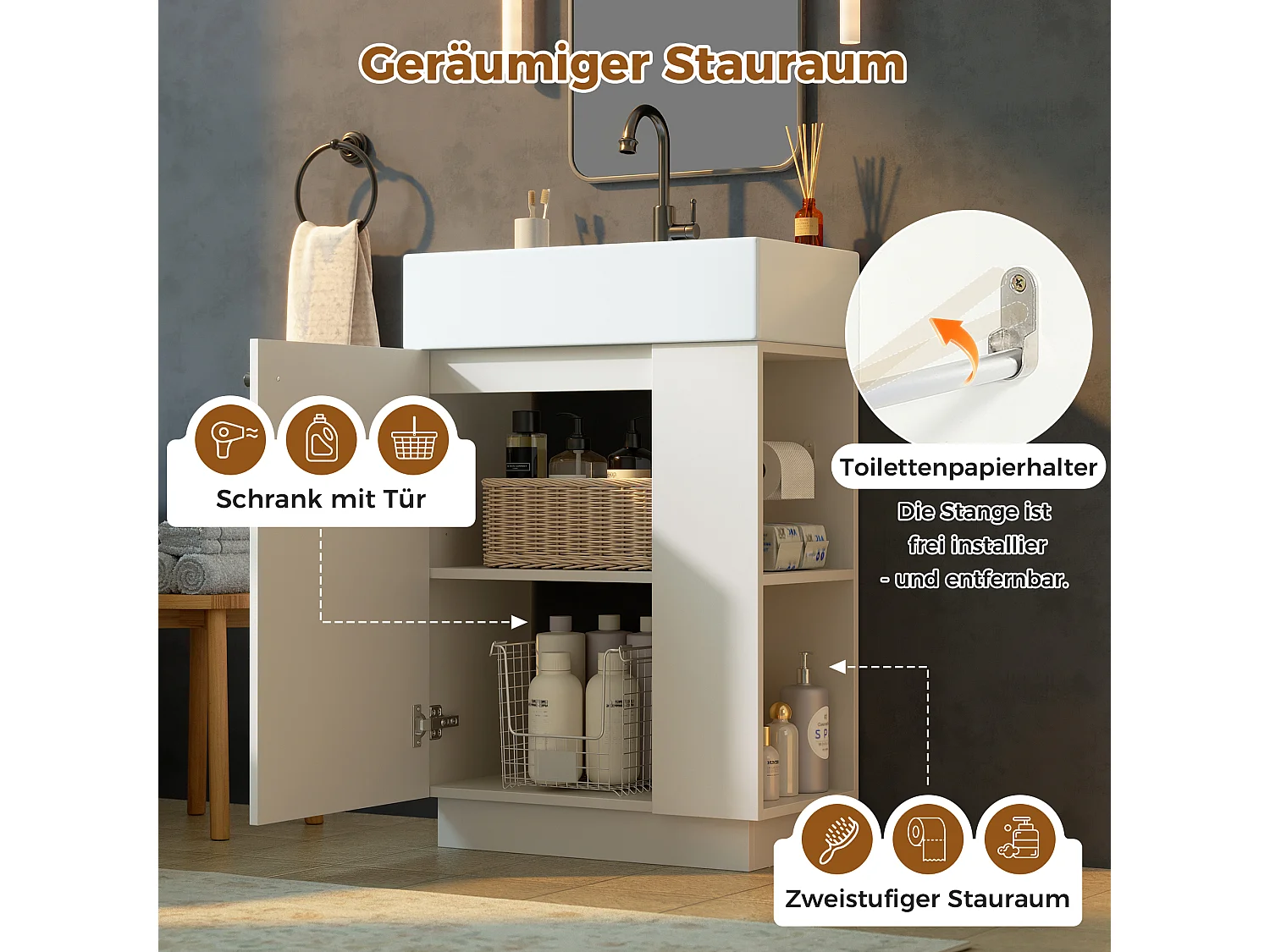 Meuble Vasque Salle de Bains 55cm sur Pied avec Vasque Céramique, Meuble Sous-Vasque à Porte Striée Ondulée - Blanc(Sans Robinet)