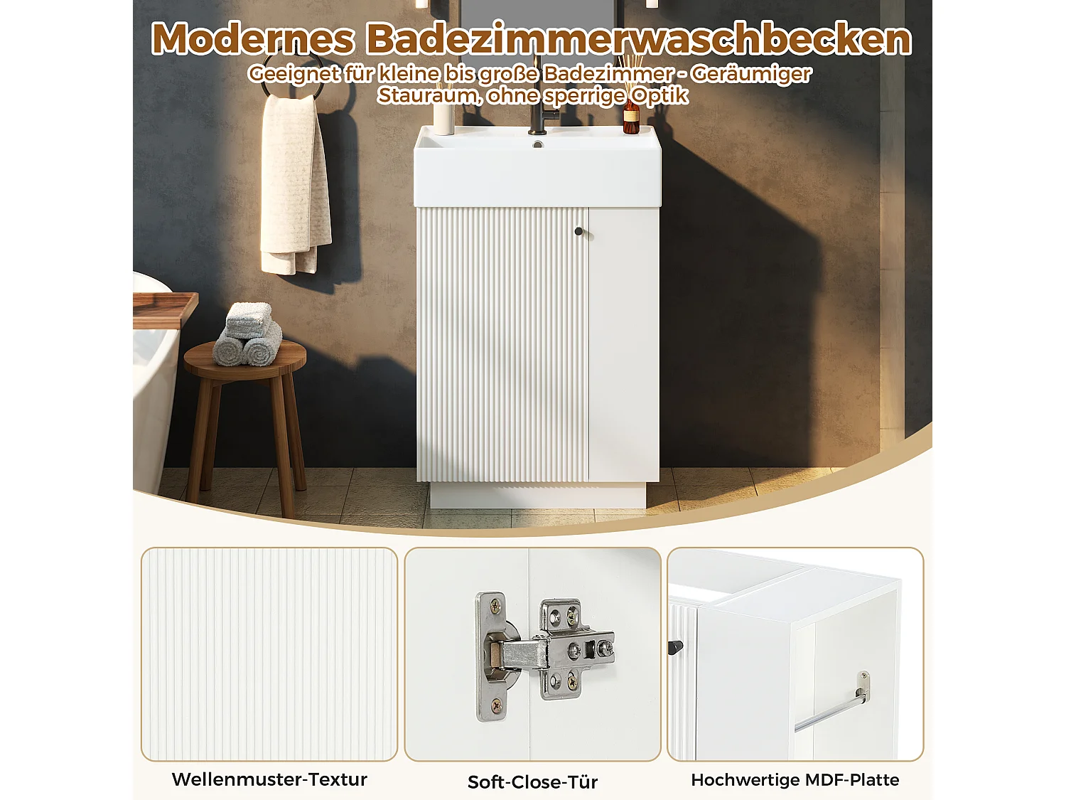 Meuble Vasque Salle de Bains 55cm sur Pied avec Vasque Céramique, Meuble Sous-Vasque à Porte Striée Ondulée - Blanc(Sans Robinet)