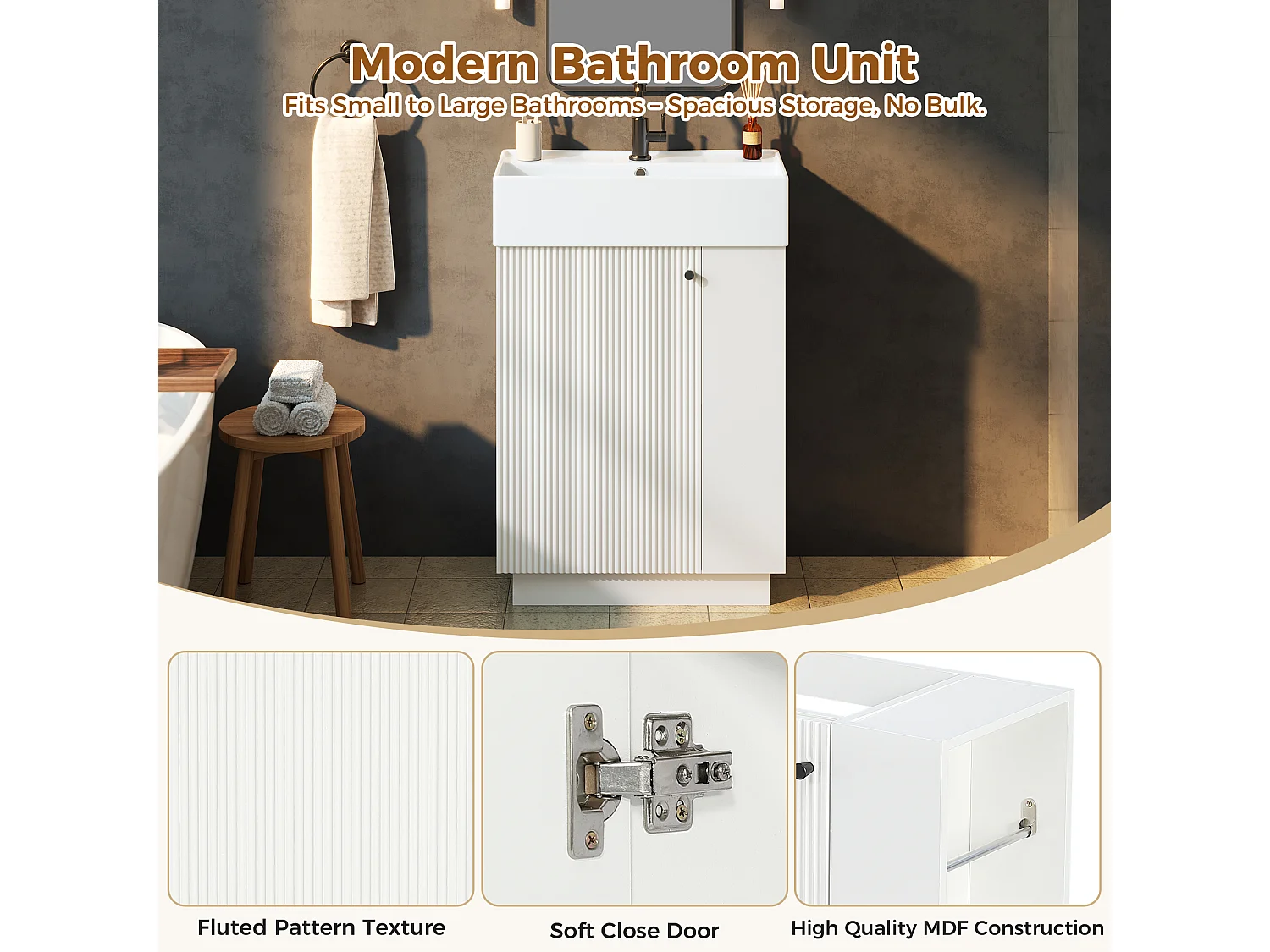 Meuble Vasque Salle de Bains 55cm sur Pied avec Vasque Céramique, Meuble Sous-Vasque à Porte Striée Ondulée - Blanc(Sans Robinet)