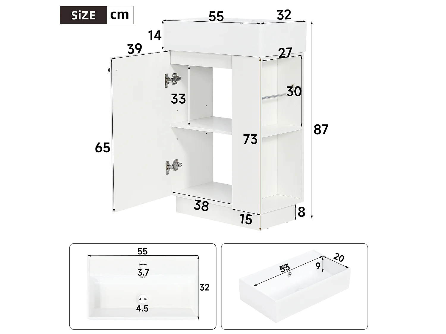 Meuble Vasque Salle de Bains 55cm sur Pied avec Vasque Céramique, Meuble Sous-Vasque à Porte Striée Ondulée - Blanc(Sans Robinet)