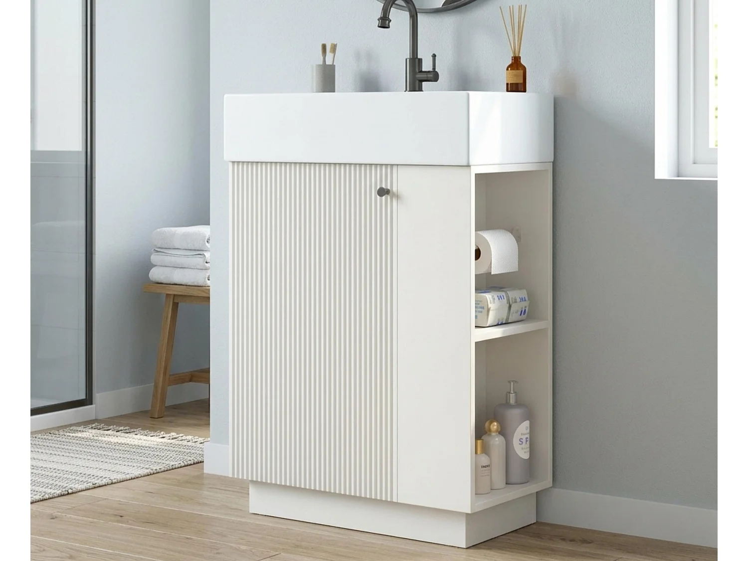 Meuble Vasque Salle de Bains 55cm sur Pied avec Vasque Céramique, Meuble Sous-Vasque à Porte Striée Ondulée - Blanc(Sans Robinet)