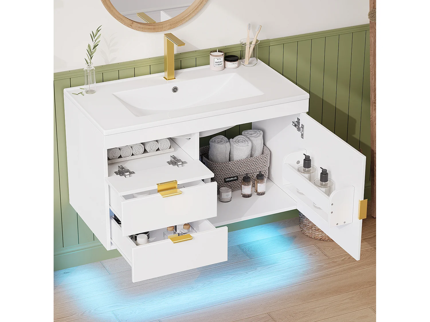 Vägghängd badrumsmöbel 76 cm med keramiskt handfat - med lådor, räfflad front och LED-belysning - Vit (utan kran)