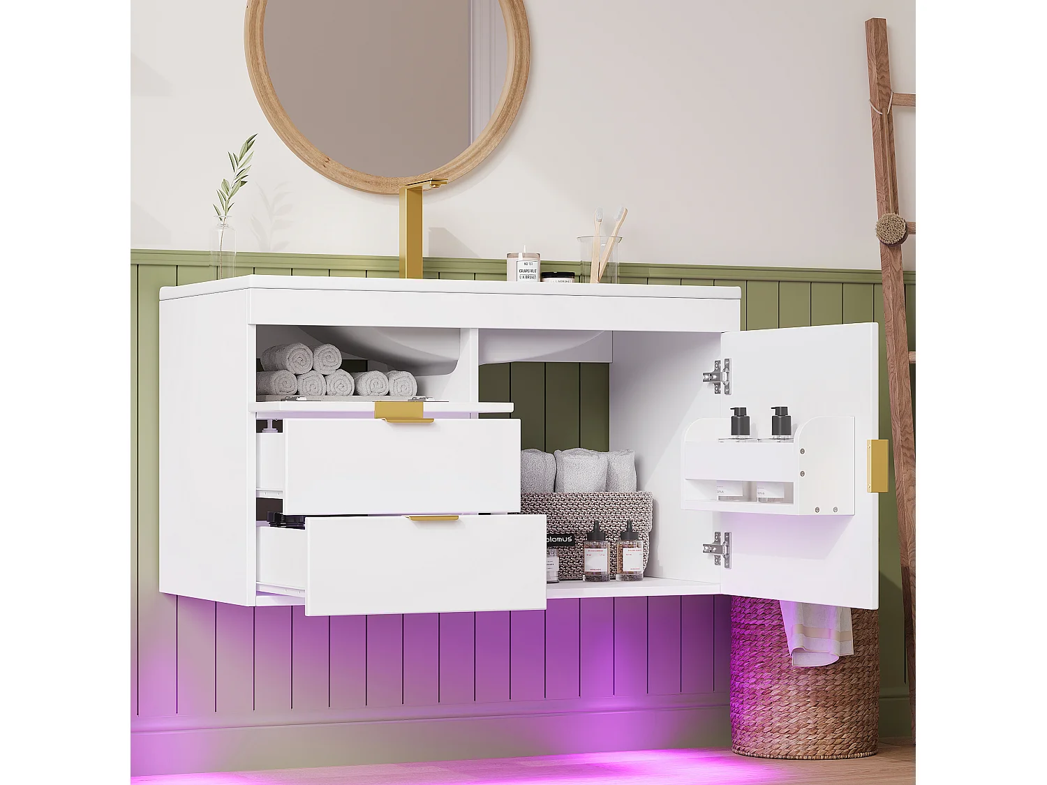 Vägghängd badrumsmöbel 76 cm med keramiskt handfat - med lådor, räfflad front och LED-belysning - Vit (utan kran)