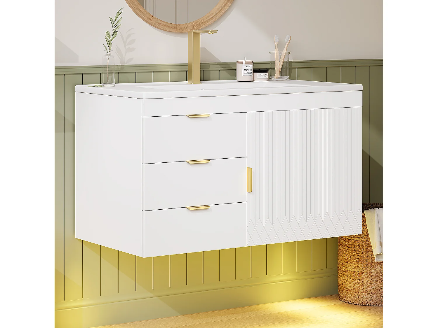 Vägghängd badrumsmöbel 76 cm med keramiskt handfat - med lådor, räfflad front och LED-belysning - Vit (utan kran)