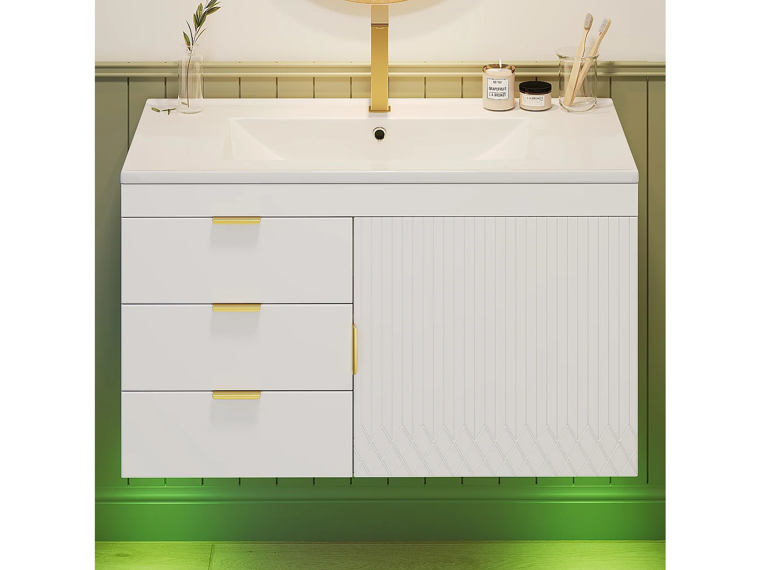 Vägghängd badrumsmöbel 76 cm med keramiskt handfat - med lådor, räfflad front och LED-belysning - Vit (utan kran)
