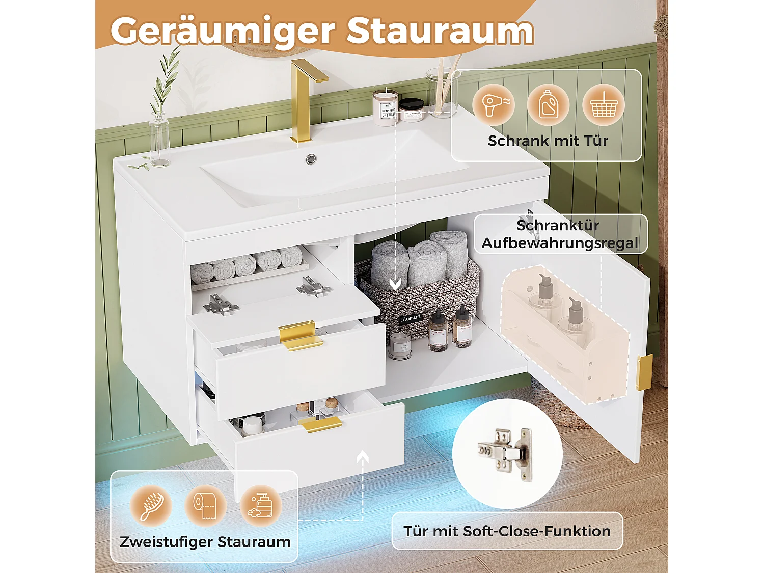 Vägghängd badrumsmöbel 76 cm med keramiskt handfat - med lådor, räfflad front och LED-belysning - Vit (utan kran)