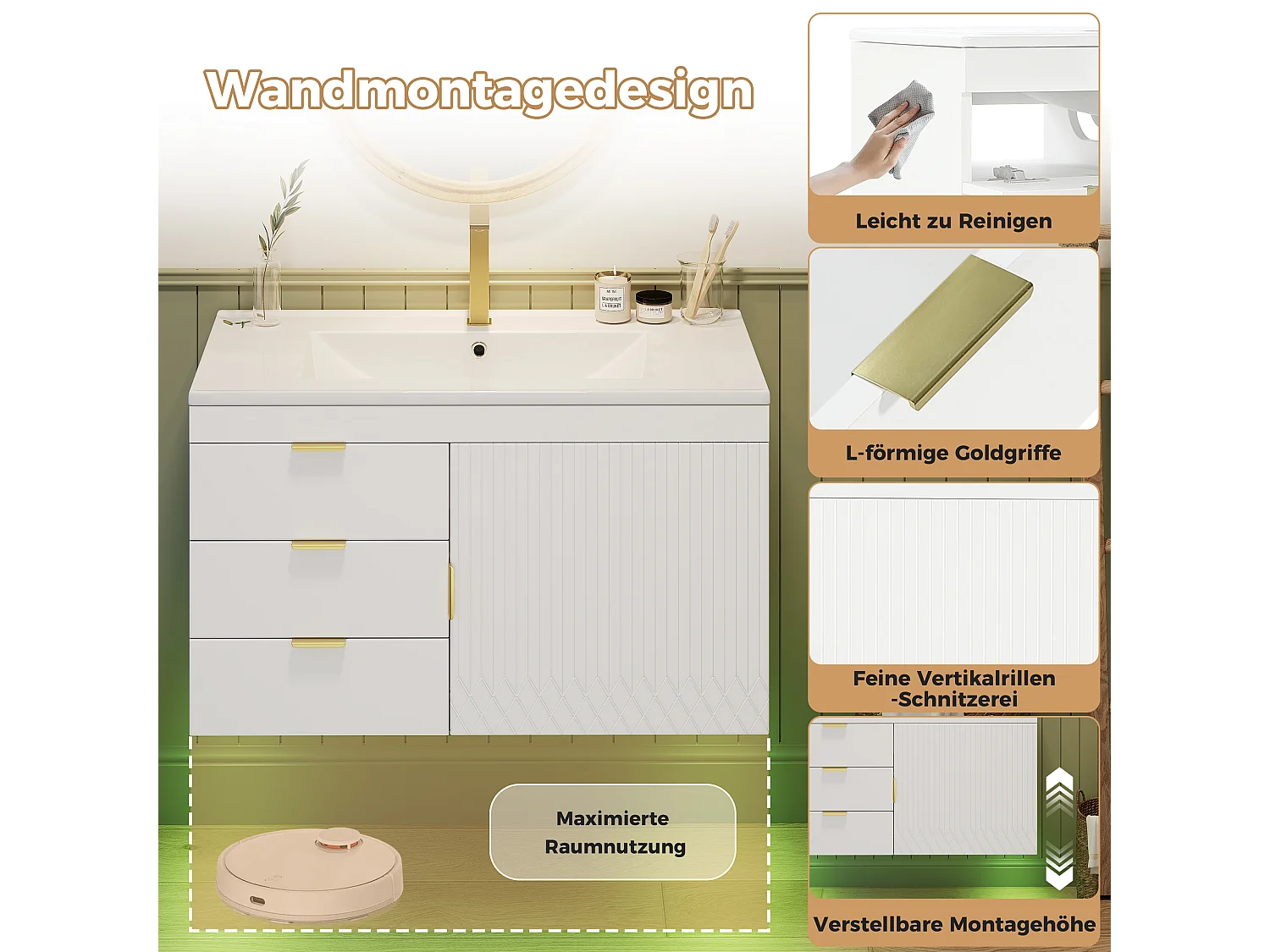 Vägghängd badrumsmöbel 76 cm med keramiskt handfat - med lådor, räfflad front och LED-belysning - Vit (utan kran)