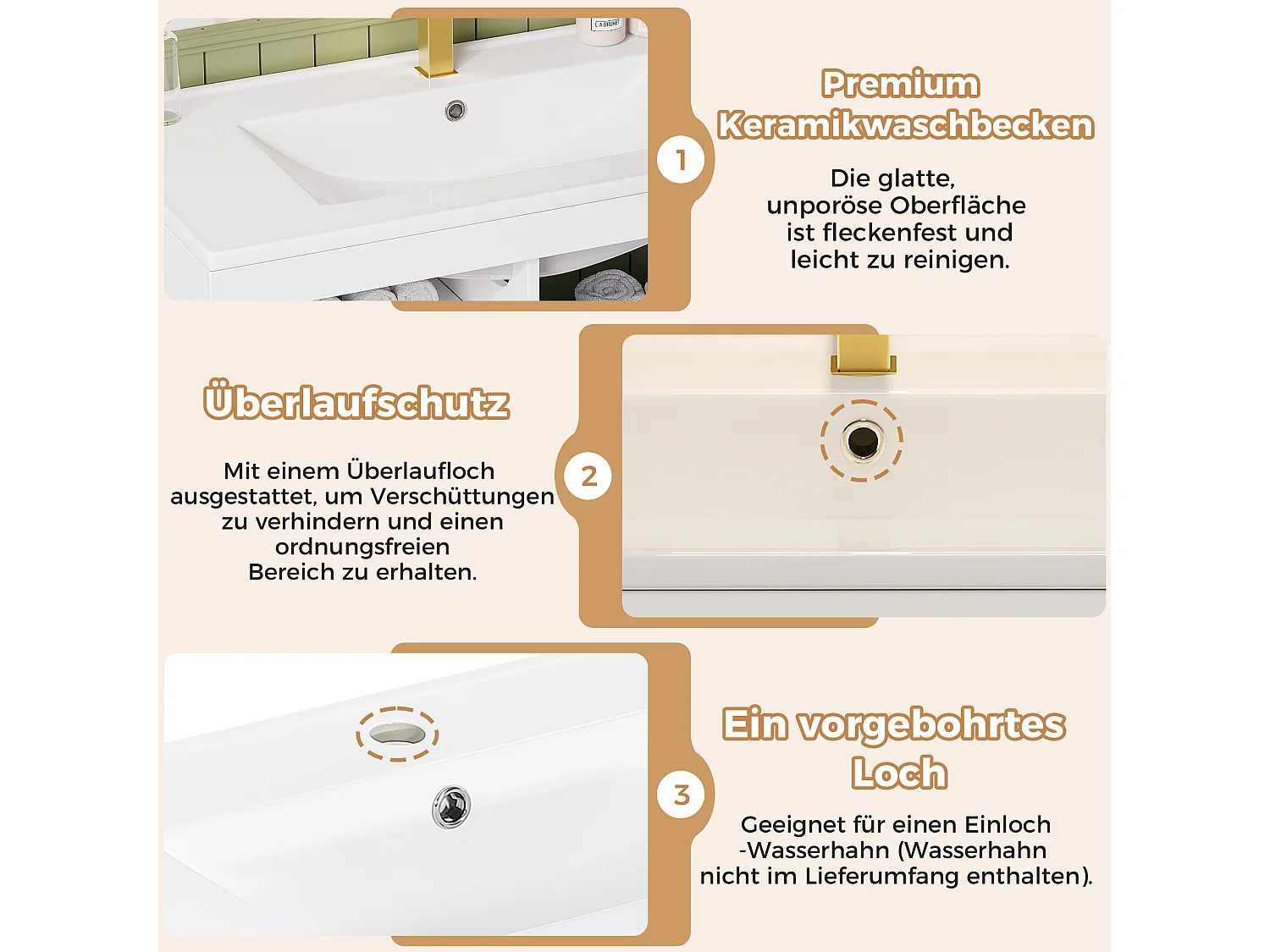 Vägghängd badrumsmöbel 76 cm med keramiskt handfat - med lådor, räfflad front och LED-belysning - Vit (utan kran)