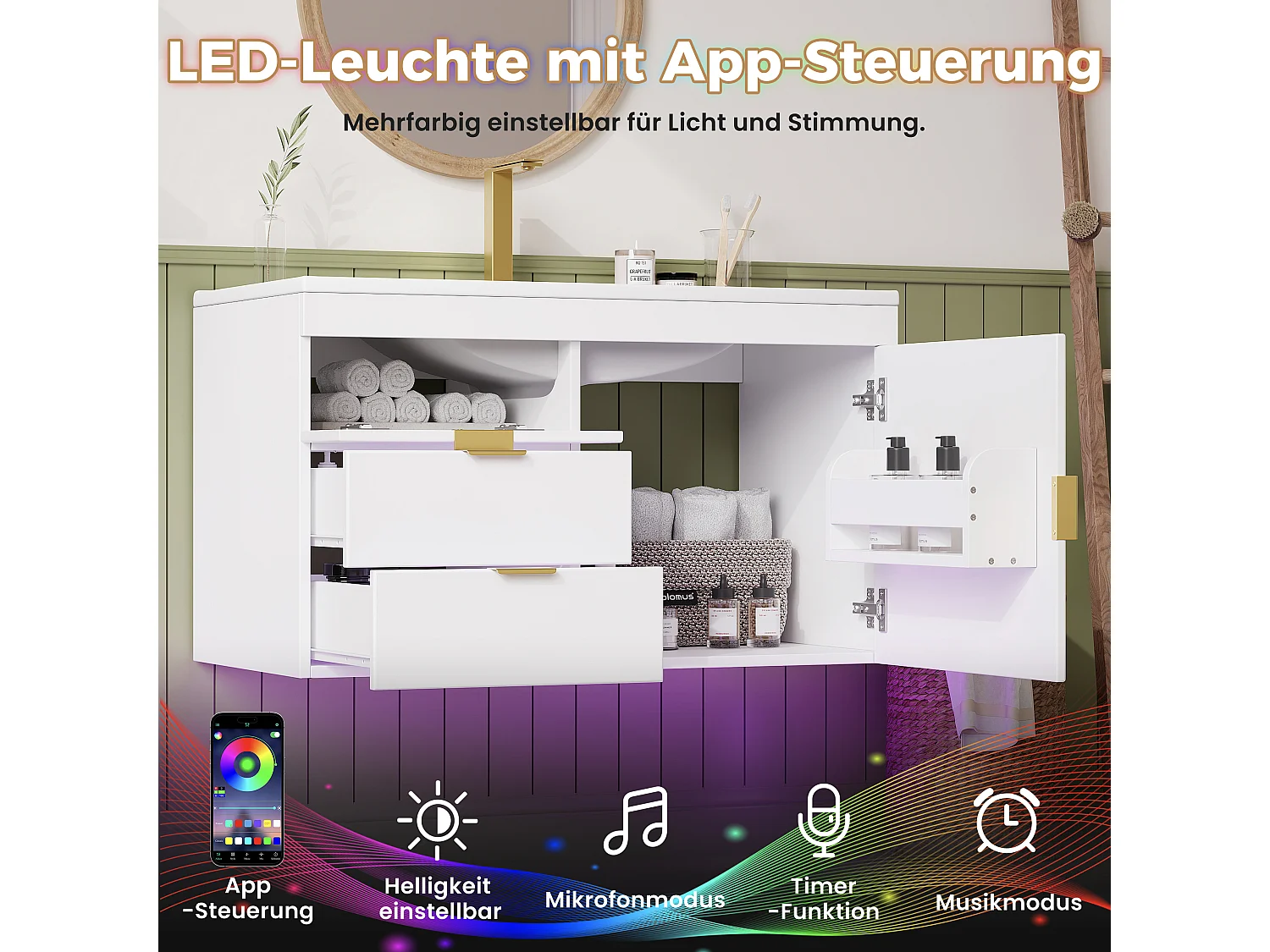 Vägghängd badrumsmöbel 76 cm med keramiskt handfat - med lådor, räfflad front och LED-belysning - Vit (utan kran)