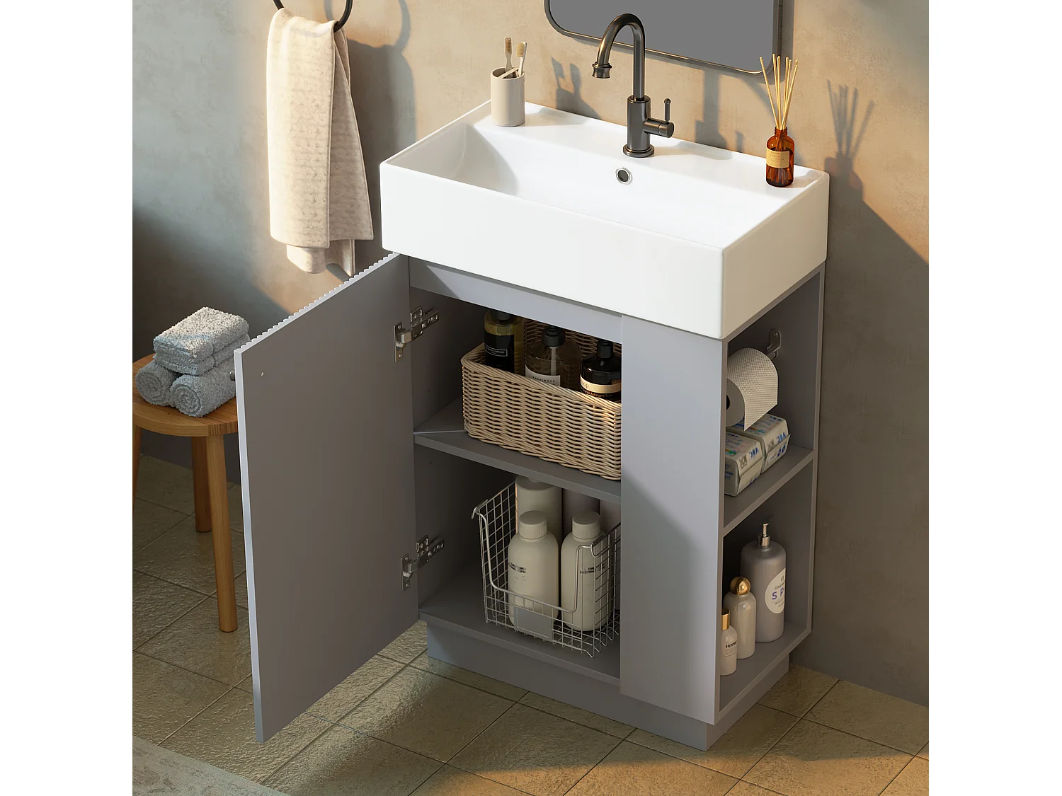 Meuble Vasque Salle de Bains 55cm sur Pied avec Vasque Céramique, Meuble Sous-Vasque à Porte Striée Ondulée - Gris(Sans Robinet)
