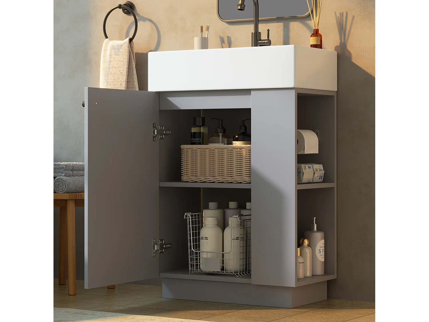 Meuble Vasque Salle de Bains 55cm sur Pied avec Vasque Céramique, Meuble Sous-Vasque à Porte Striée Ondulée - Gris(Sans Robinet)