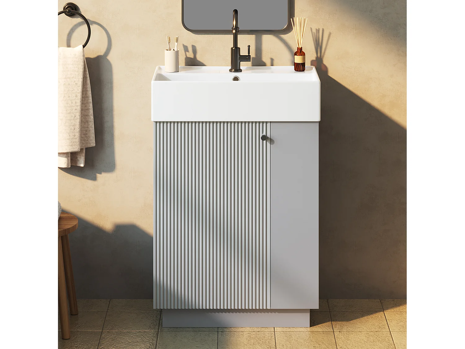Meuble Vasque Salle de Bains 55cm sur Pied avec Vasque Céramique, Meuble Sous-Vasque à Porte Striée Ondulée - Gris(Sans Robinet)