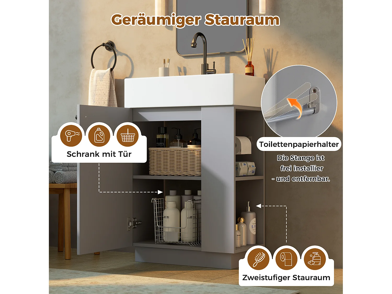 Meuble Vasque Salle de Bains 55cm sur Pied avec Vasque Céramique, Meuble Sous-Vasque à Porte Striée Ondulée - Gris(Sans Robinet)