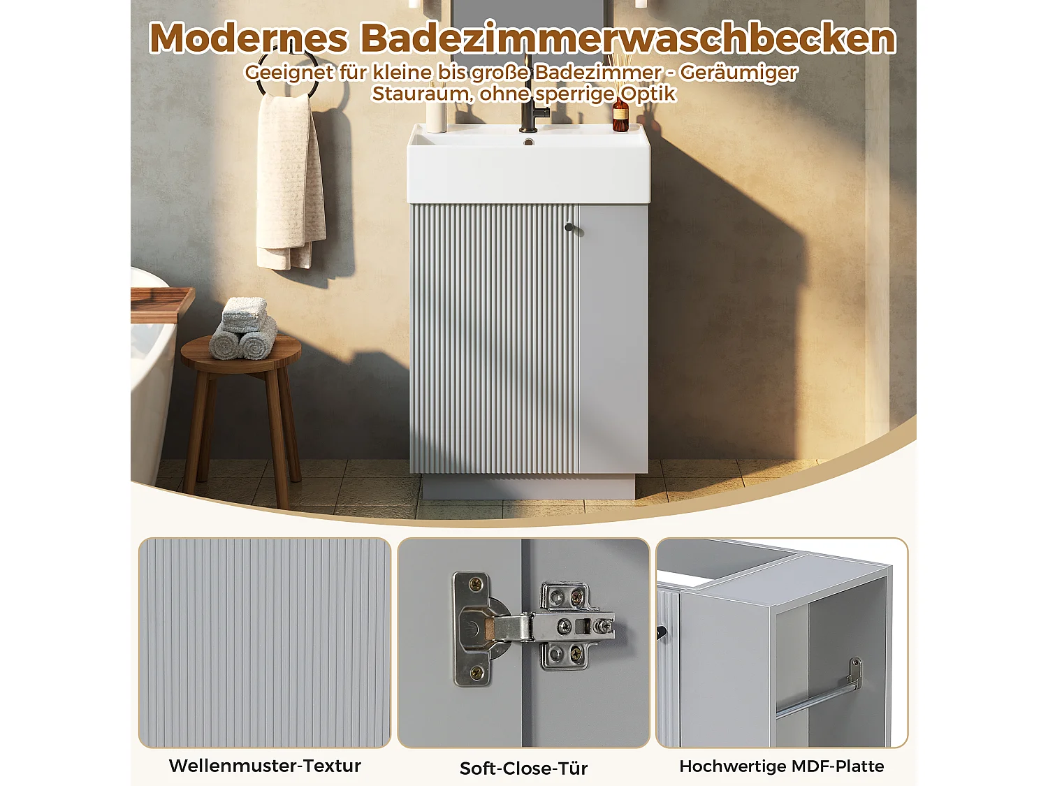 Meuble Vasque Salle de Bains 55cm sur Pied avec Vasque Céramique, Meuble Sous-Vasque à Porte Striée Ondulée - Gris(Sans Robinet)