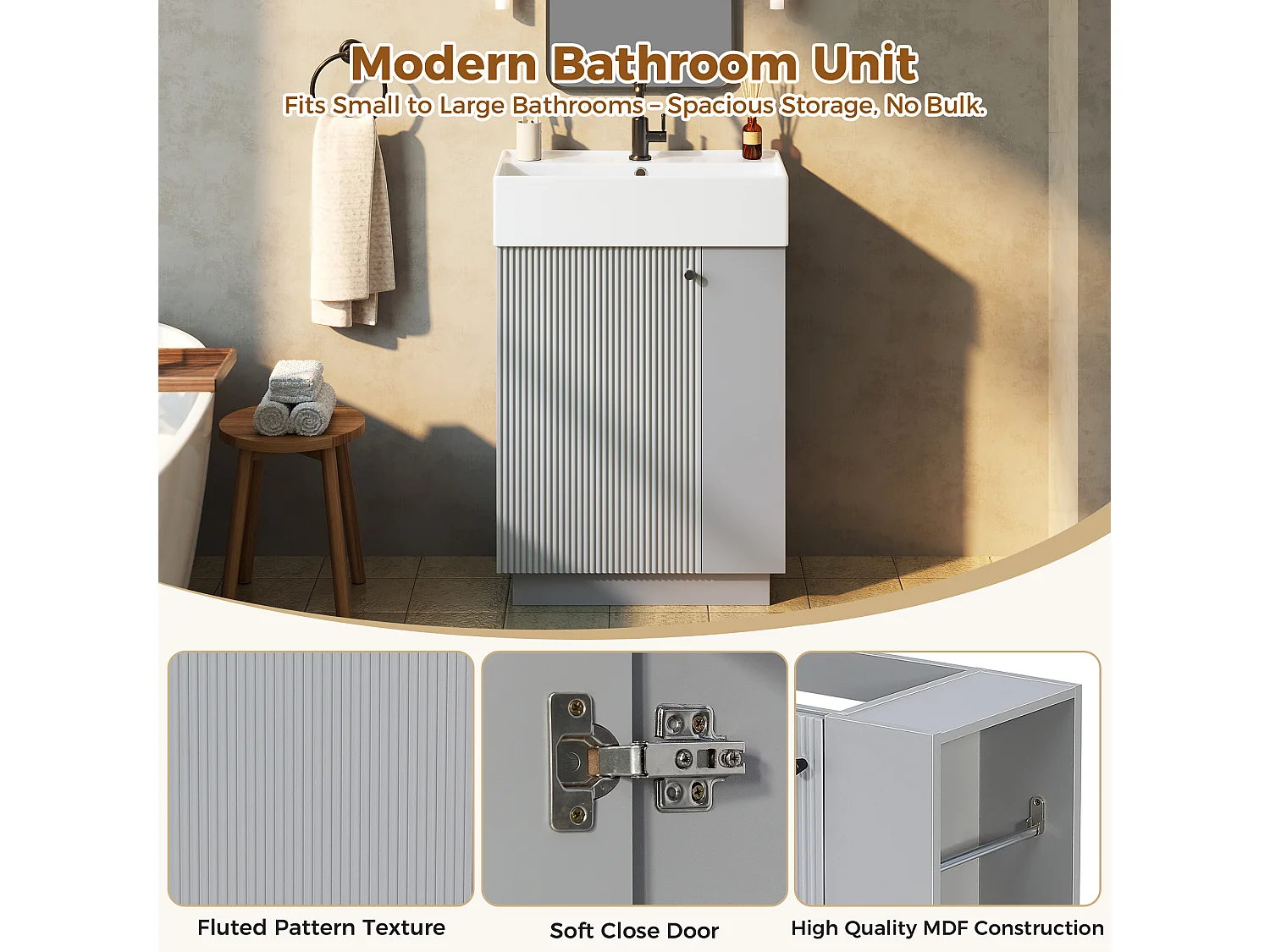Meuble Vasque Salle de Bains 55cm sur Pied avec Vasque Céramique, Meuble Sous-Vasque à Porte Striée Ondulée - Gris(Sans Robinet)