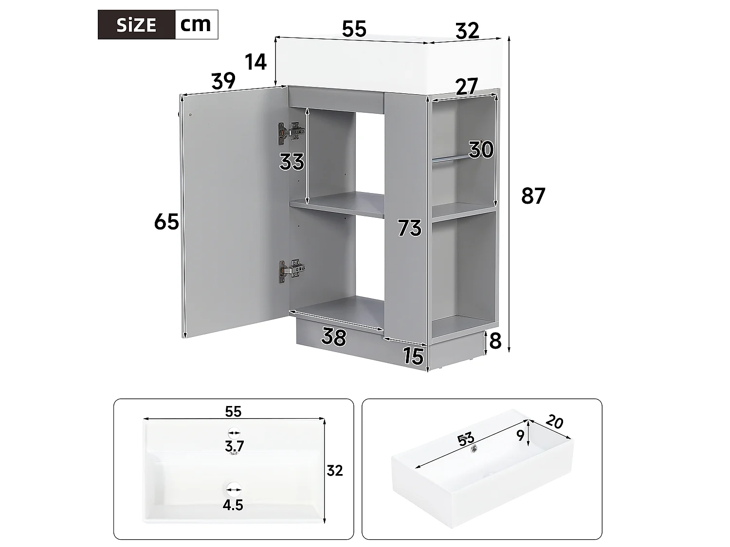 Meuble Vasque Salle de Bains 55cm sur Pied avec Vasque Céramique, Meuble Sous-Vasque à Porte Striée Ondulée - Gris(Sans Robinet)