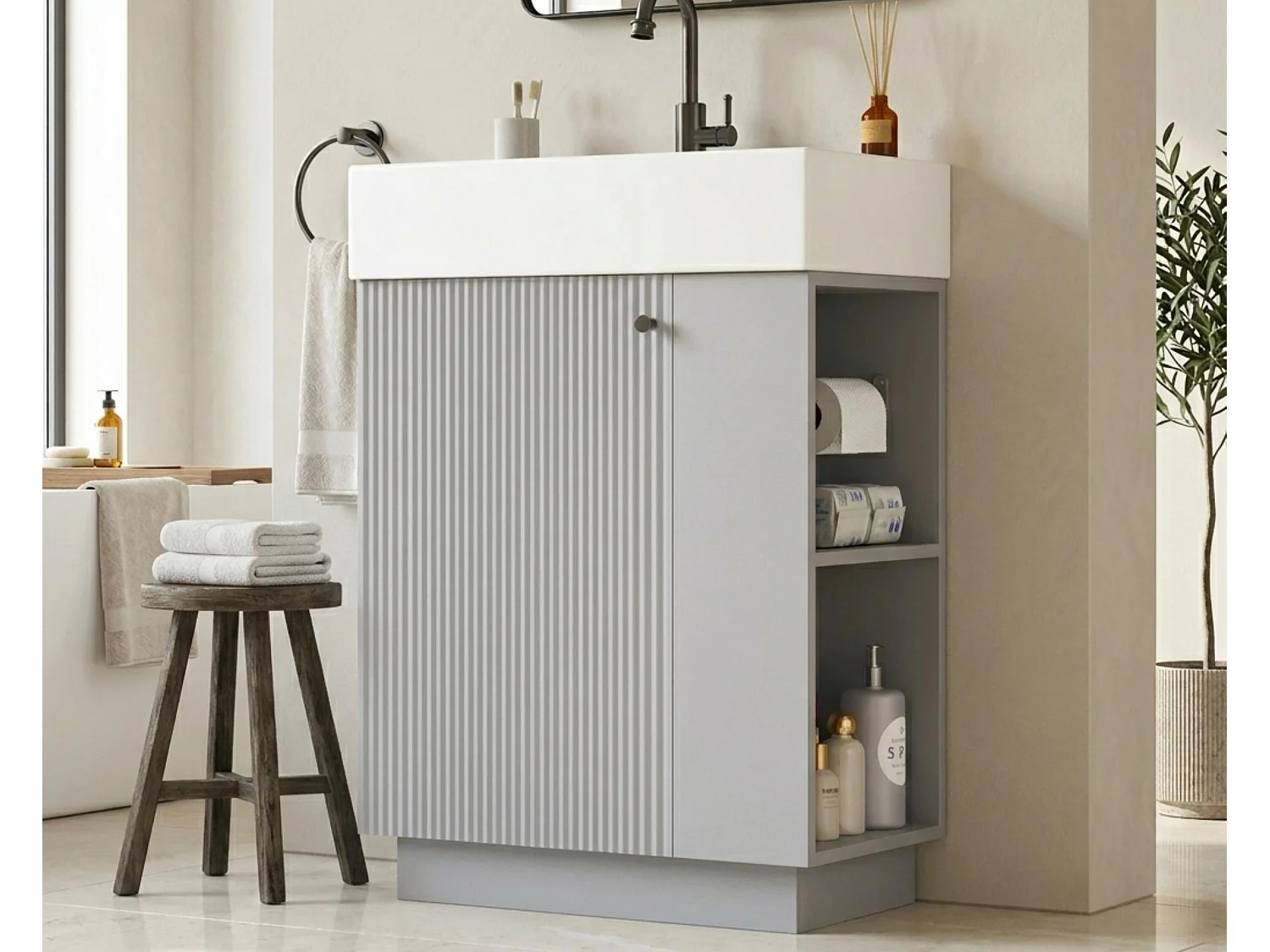 Meuble Vasque Salle de Bains 55cm sur Pied avec Vasque Céramique, Meuble Sous-Vasque à Porte Striée Ondulée - Gris(Sans Robinet)