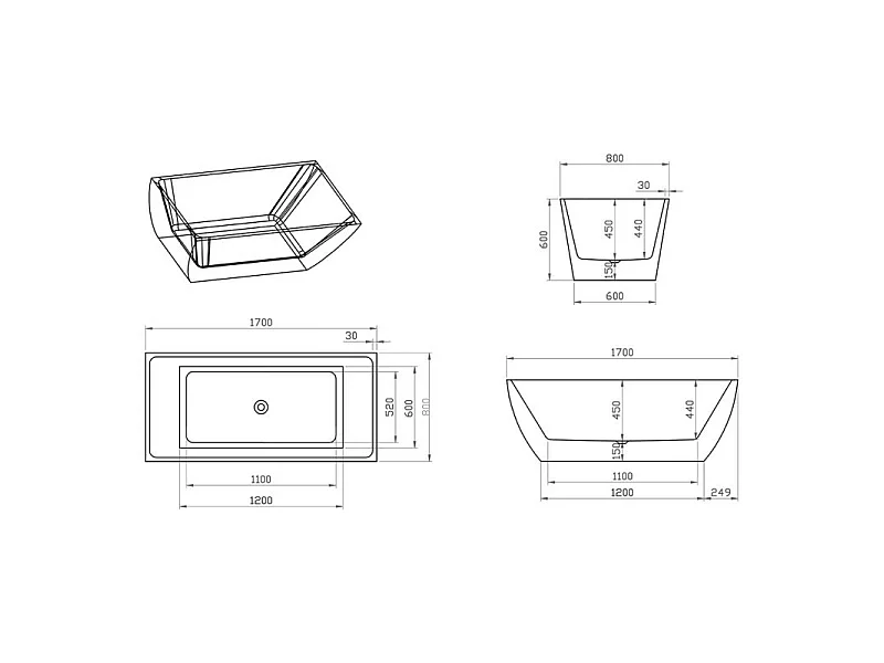 Baignoire îlot Luciana - 1700 x 800 x 600 mm