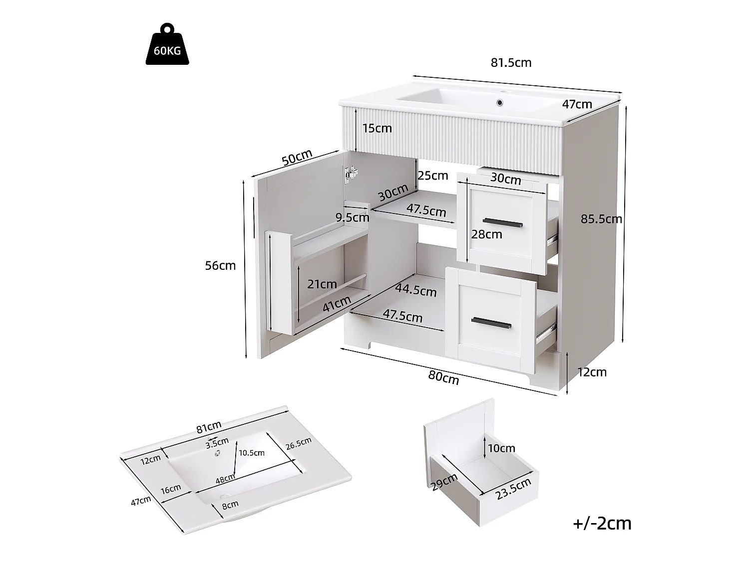 Meuble de salle de bain sur pieds avec vasque , 2 tiroirs et 1 porte - Blanc 81.5x47x85.5 cm