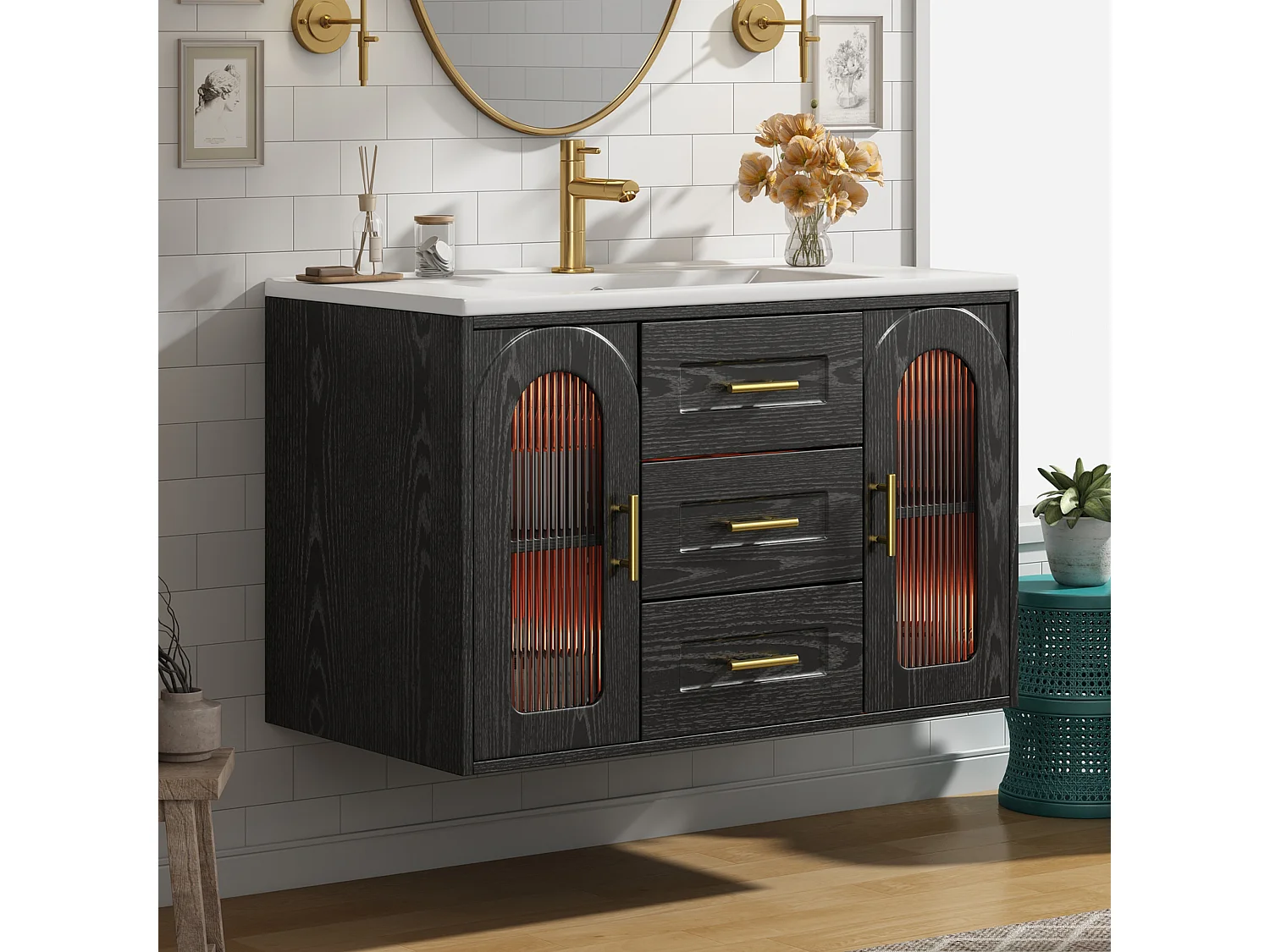 Meuble Vasque Salle de Bains Suspendu - avec Vasque Céramique - avec Tiroirs et Portes en Verre Strié, Éclairage LED - Noir(Sans Robinet)